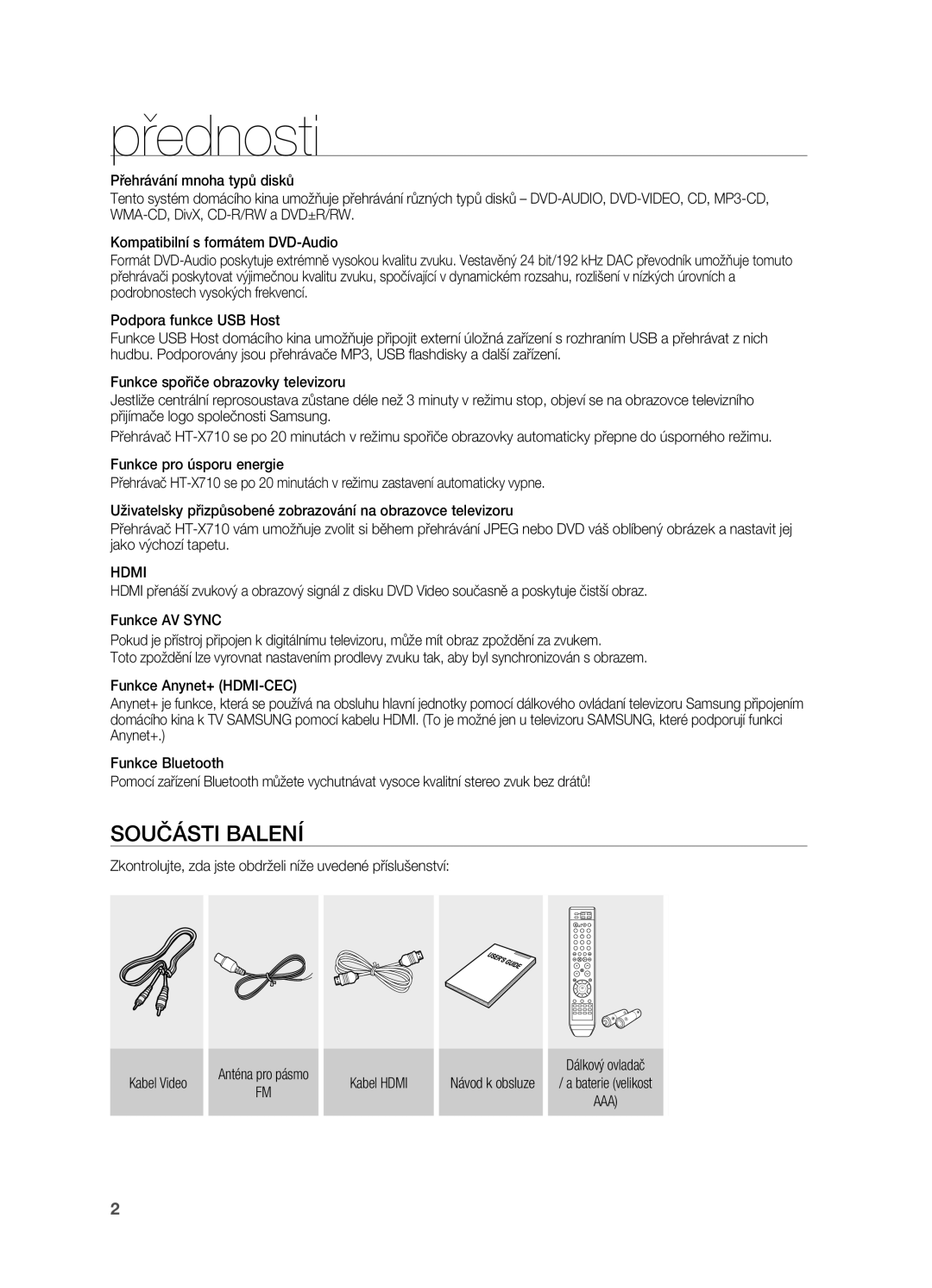 Samsung HT-X710T/EDC manual Přednosti, Hdmi, Konzola pro montáž na stěnu Montážní kolíky 2 ks 