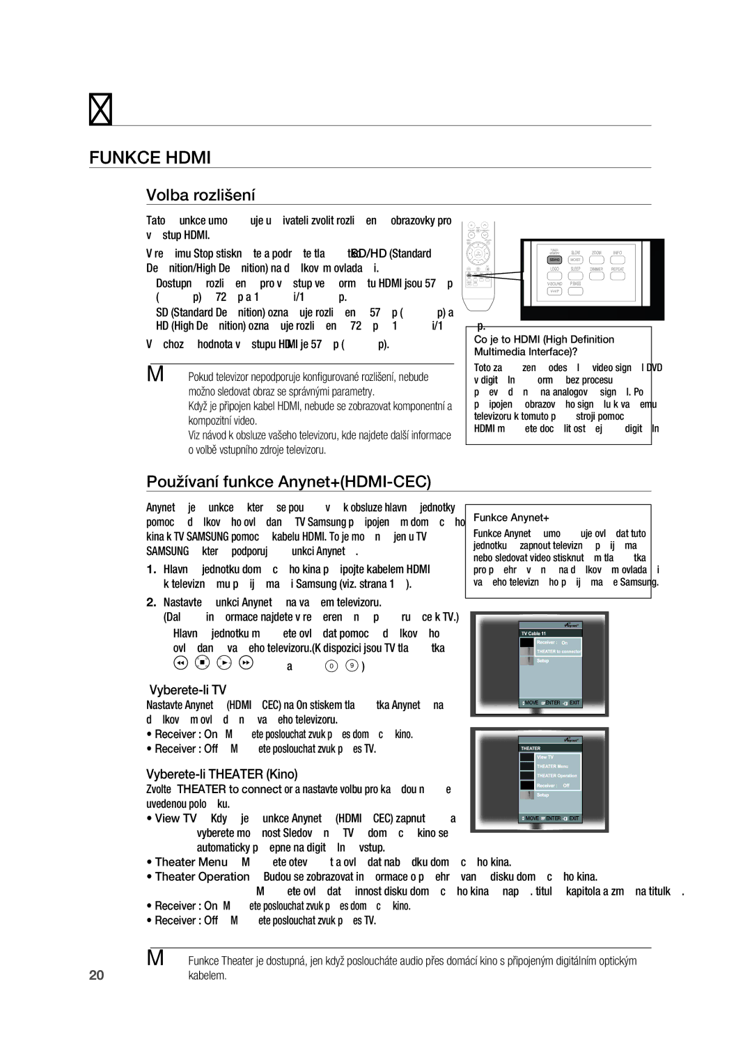 Samsung HT-X710T/EDC manual Volba rozlišení, Používaní funkce Anynet+HDMI-CEC, Vyberete-li THEATEr Kino 