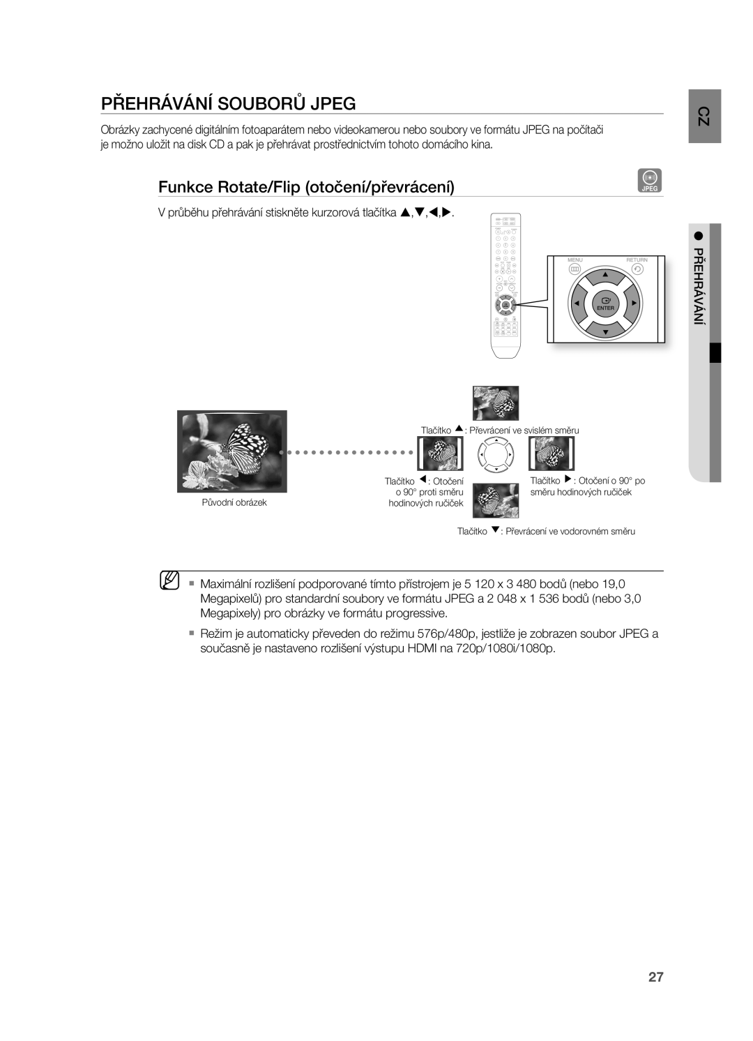 Samsung HT-X710T/EDC manual PřEHrÁVÁNÍ SOUBOrů Jpeg, Funkce rotate/Flip otočení/převrácení 