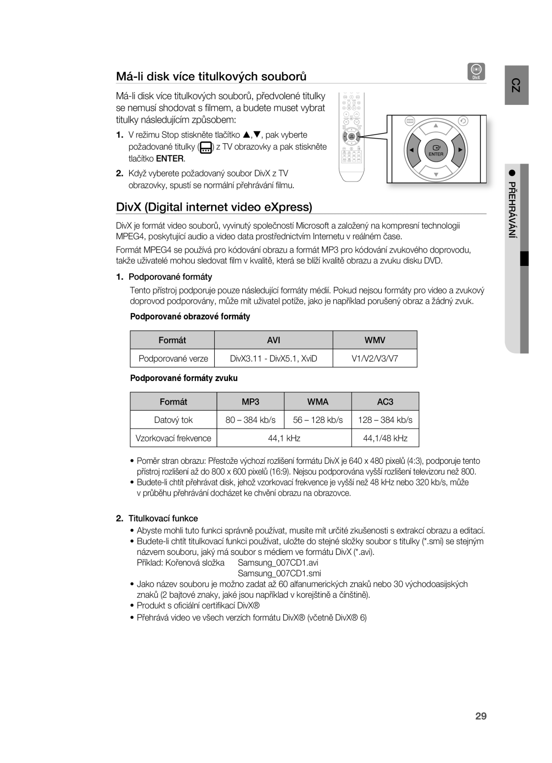 Samsung HT-X710T/EDC manual Má-li disk více titulkových souborů, DivX Digital internet video eXpress, Avi Wmv, Wma 