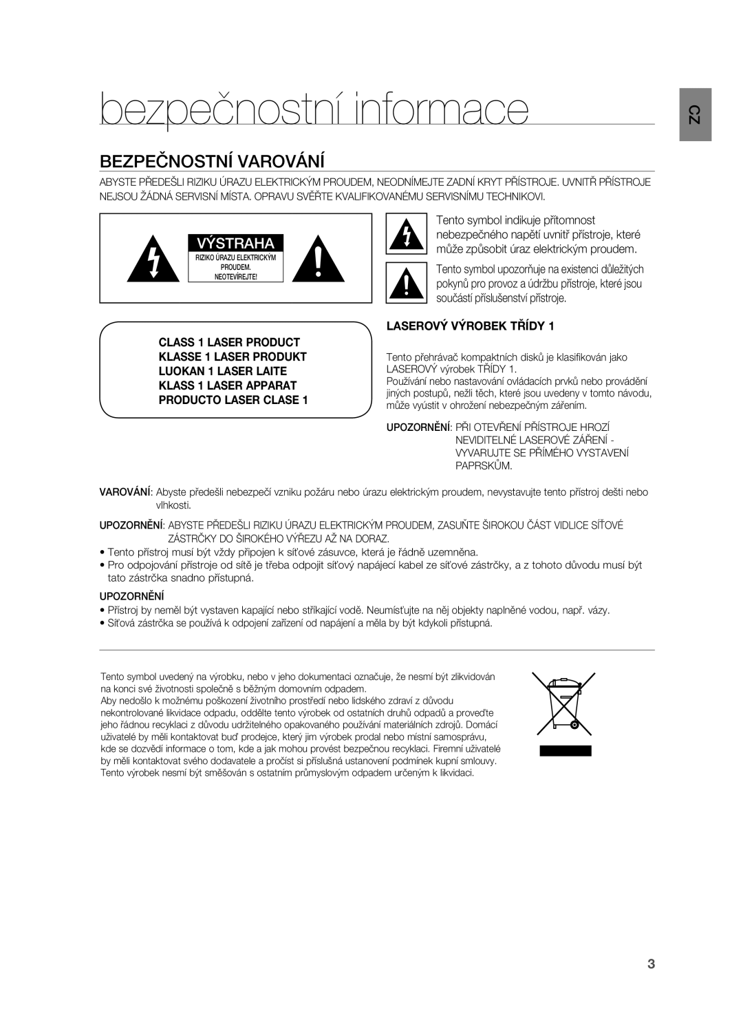 Samsung HT-X710T/EDC manual Bezpečnostní informace, BezpeŜ爀渀漀猀琀渀 varování 