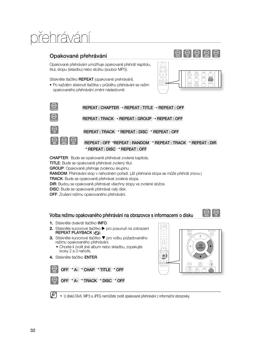 Samsung HT-X710T/EDC Opakované přehrávání, Stiskněte tlačítko rEPEAT opakované prehrávání, OFF  A-  Chap  Title  OFF 