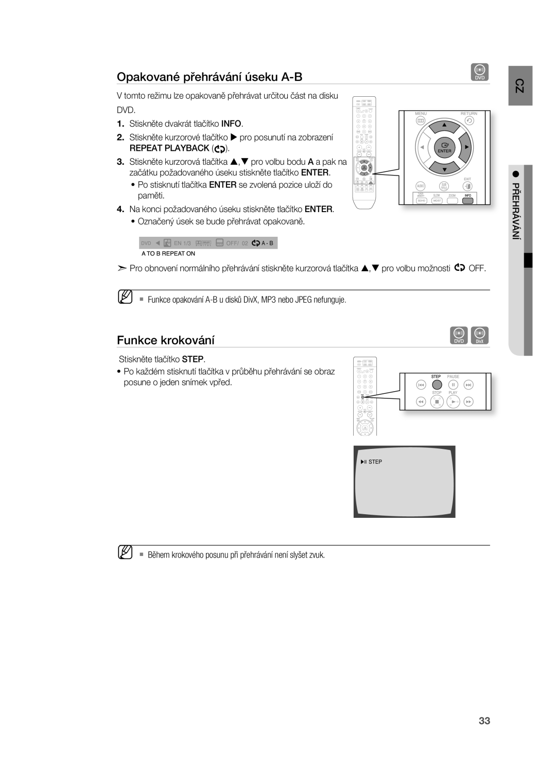 Samsung HT-X710T/EDC manual Opakované přehrávání úseku A-B, Funkce krokování, Off 