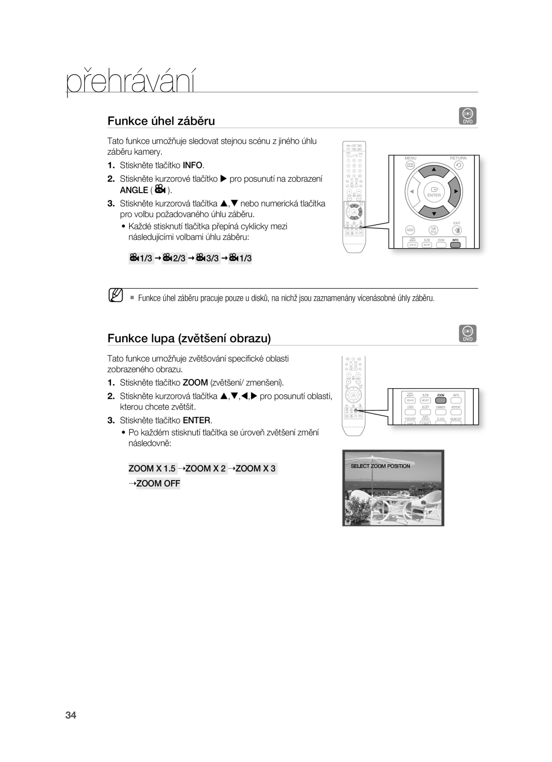 Samsung HT-X710T/EDC manual Funkce úhel záběru, Funkce lupa zvětšení obrazu, Zoom X 1.5 ZOOM X 2 ZOOM X 3 ZOOM OFF 