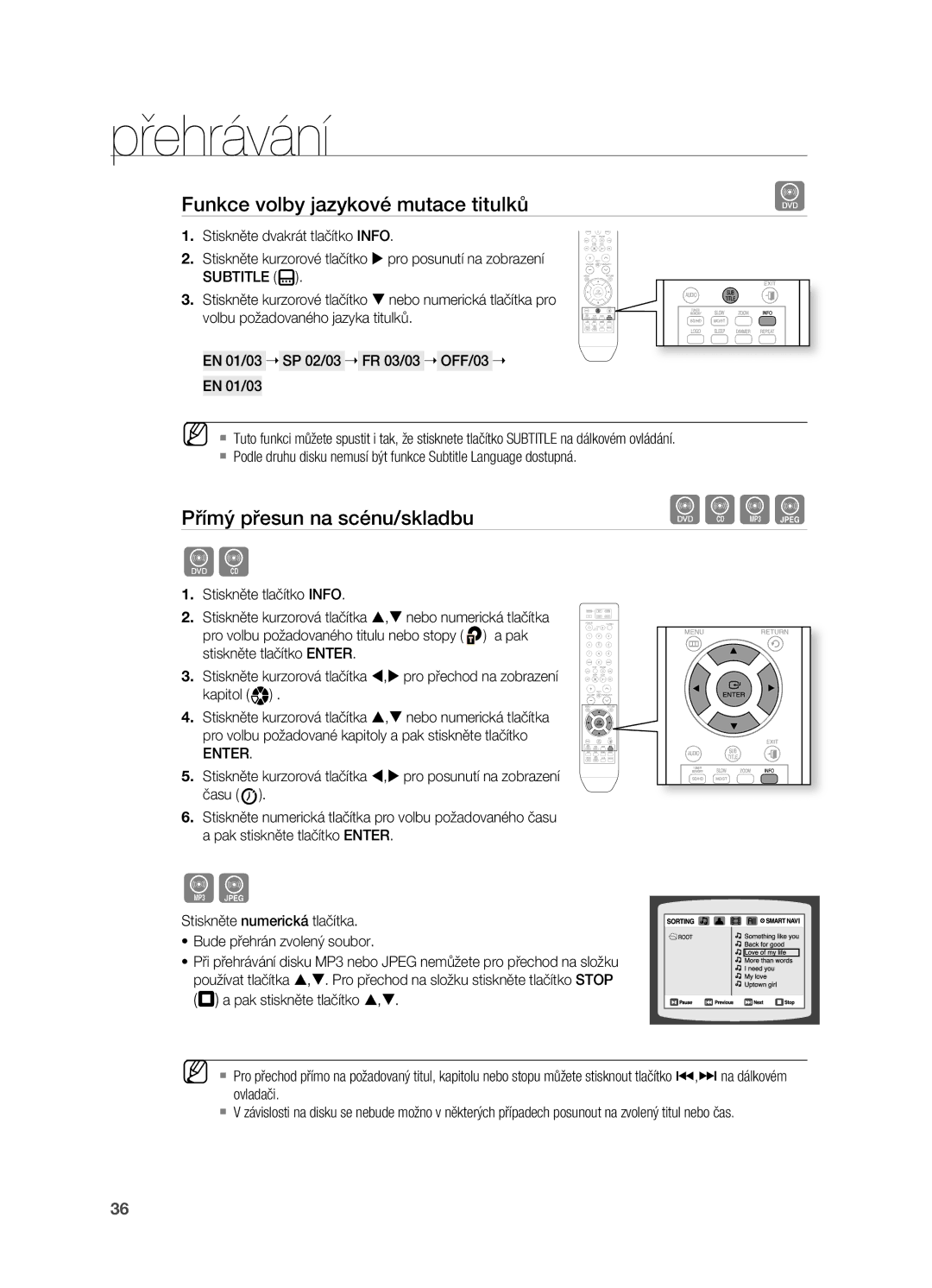 Samsung HT-X710T/EDC manual Funkce volby jazykové mutace titulků, Přímý přesun na scénu/skladbu 