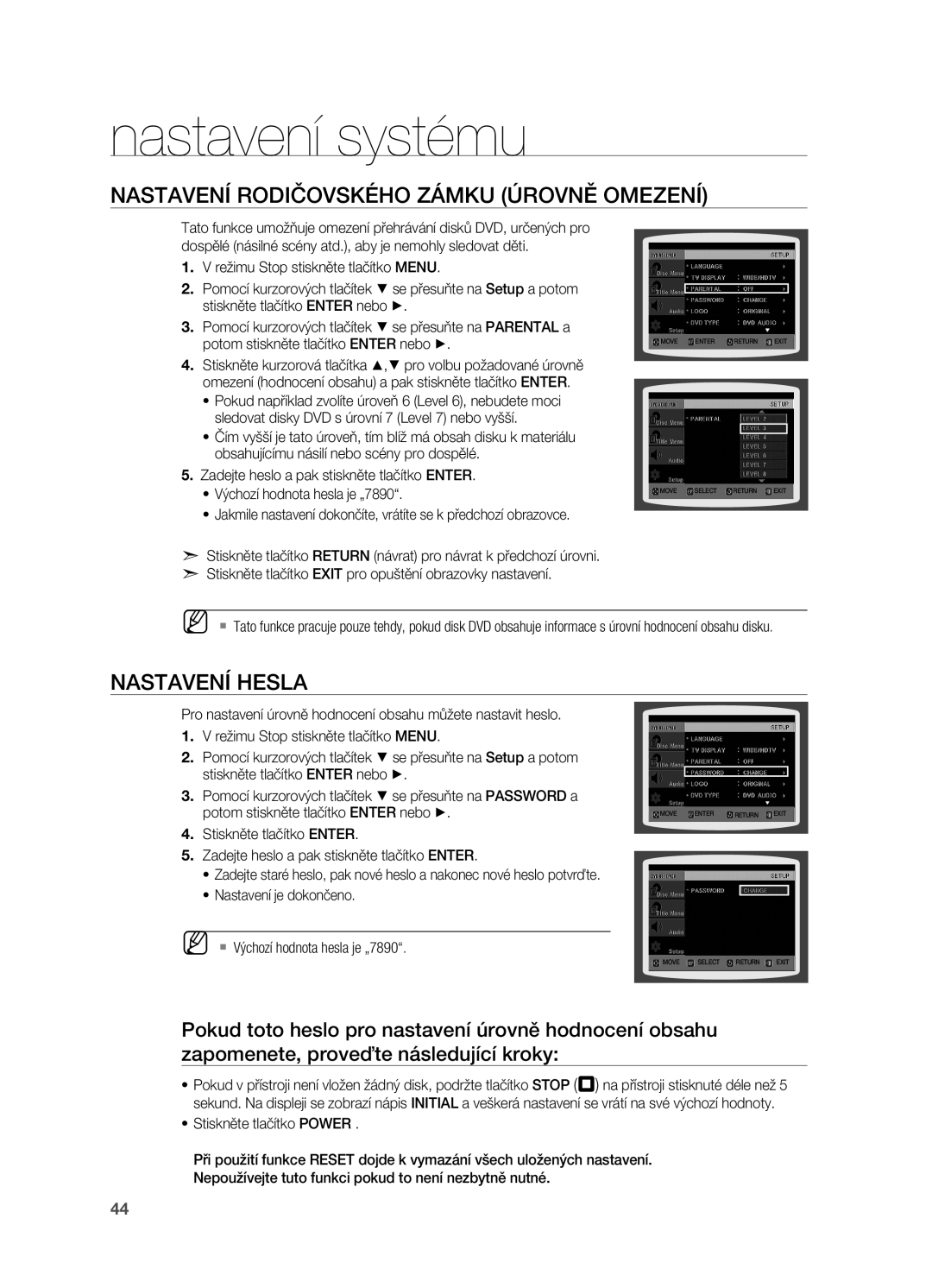 Samsung HT-X710T/EDC manual Nastavení rodiŜ爀漀瘀猀ého zámku úrovně omezení, Nastavení hesla 