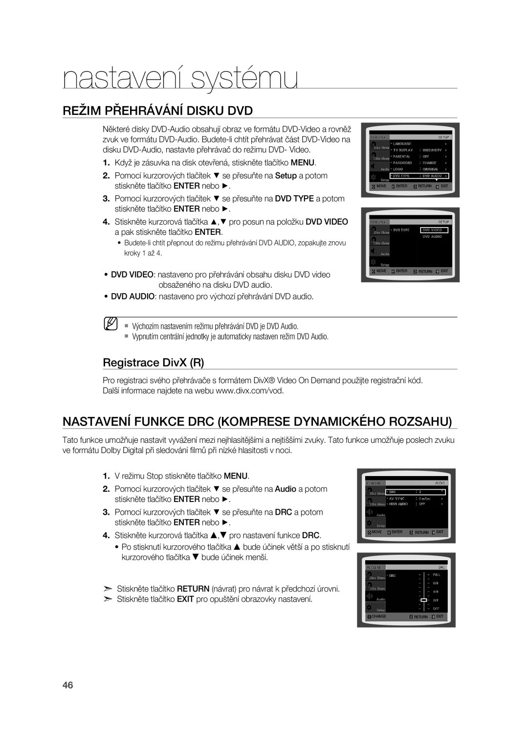 Samsung HT-X710T/EDC Režim přehrávání disku DVD, Nastavení funkce DRC komprese dynamického rozsahu, Registrace DivX R 