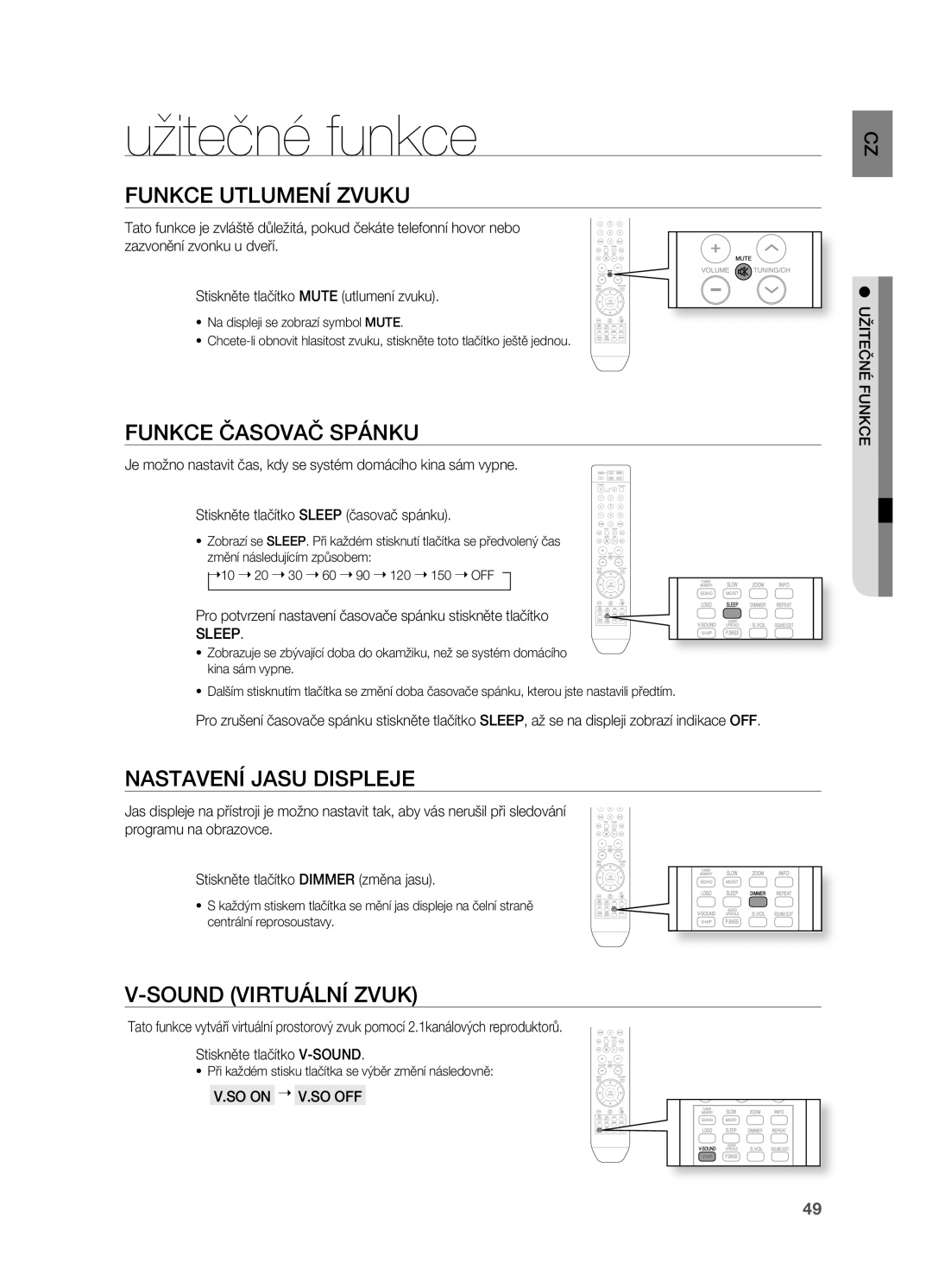 Samsung HT-X710T/EDC manual Užitečné funkce, Sound VIrTUÁLNÍ Zvuk, Sleep, SO on  V.SO OFF 