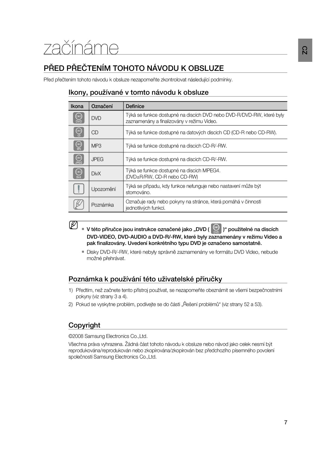 Samsung HT-X710T/EDC manual Začínáme, Před přeŜ爀琀攀渀 tohoto návodu k obsluze, Ikony, používané v tomto návodu k obsluze 