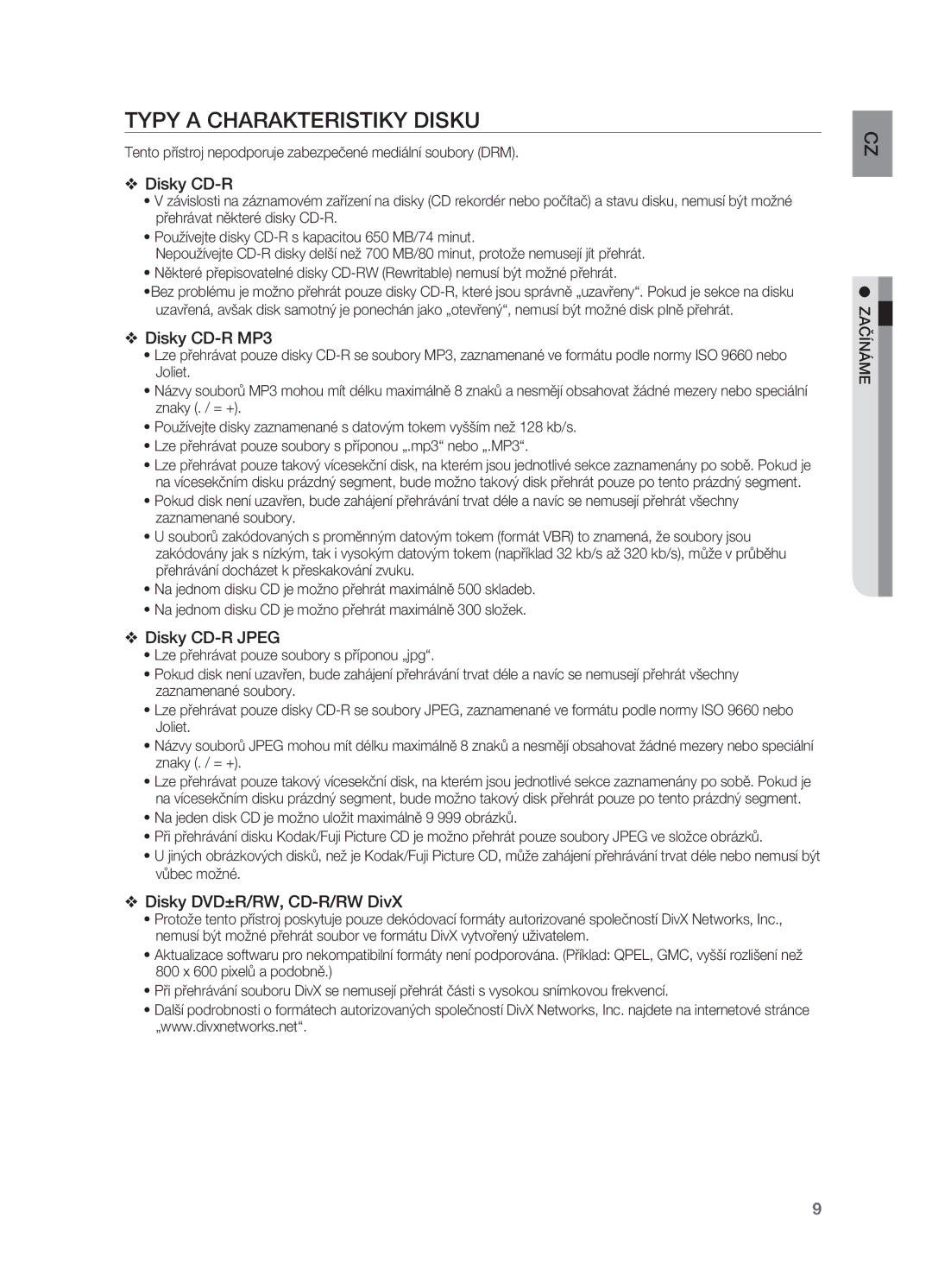 Samsung HT-X710T/EDC manual Typy a charakteristiky disku, Disky CD-R MP3, Disky CD-R Jpeg, Disky DVD±R/RW, CD-R/RW DivX 