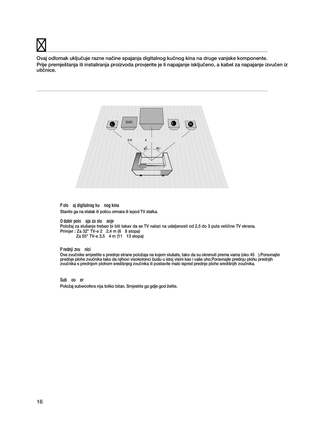 Samsung HT-X710T/EDC Veze, Položaj digitalnog kučnog kina, Odabir položaja za slušanje, Prednji zvučnici ei, Subwoofer g 