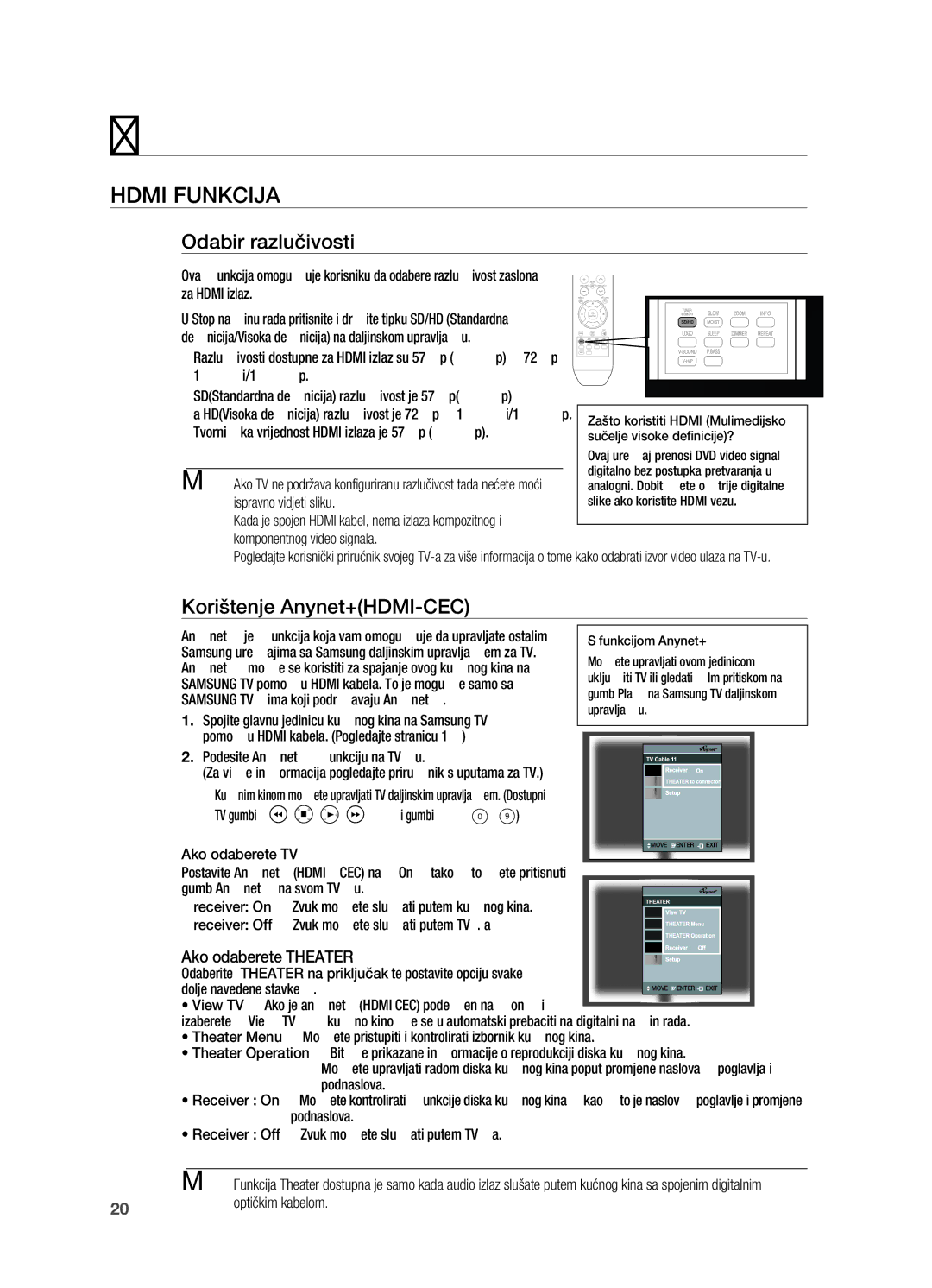 Samsung HT-X710T/EDC manual HDMi FUnkCija, Odabir razlučivosti, Korištenje anynet+HDMi-CeC 