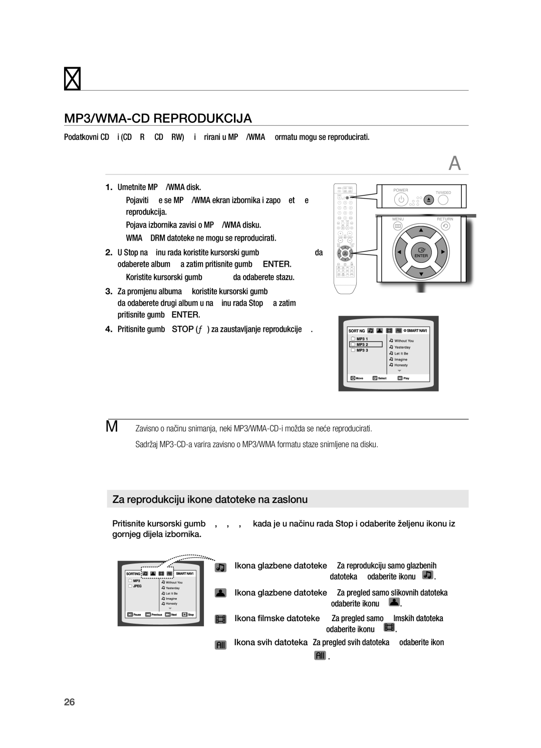 Samsung HT-X710T/EDC manual Mp3/WMa-CD RepRoDUkCija, Za reprodukciju ikone datoteke na zaslonu 