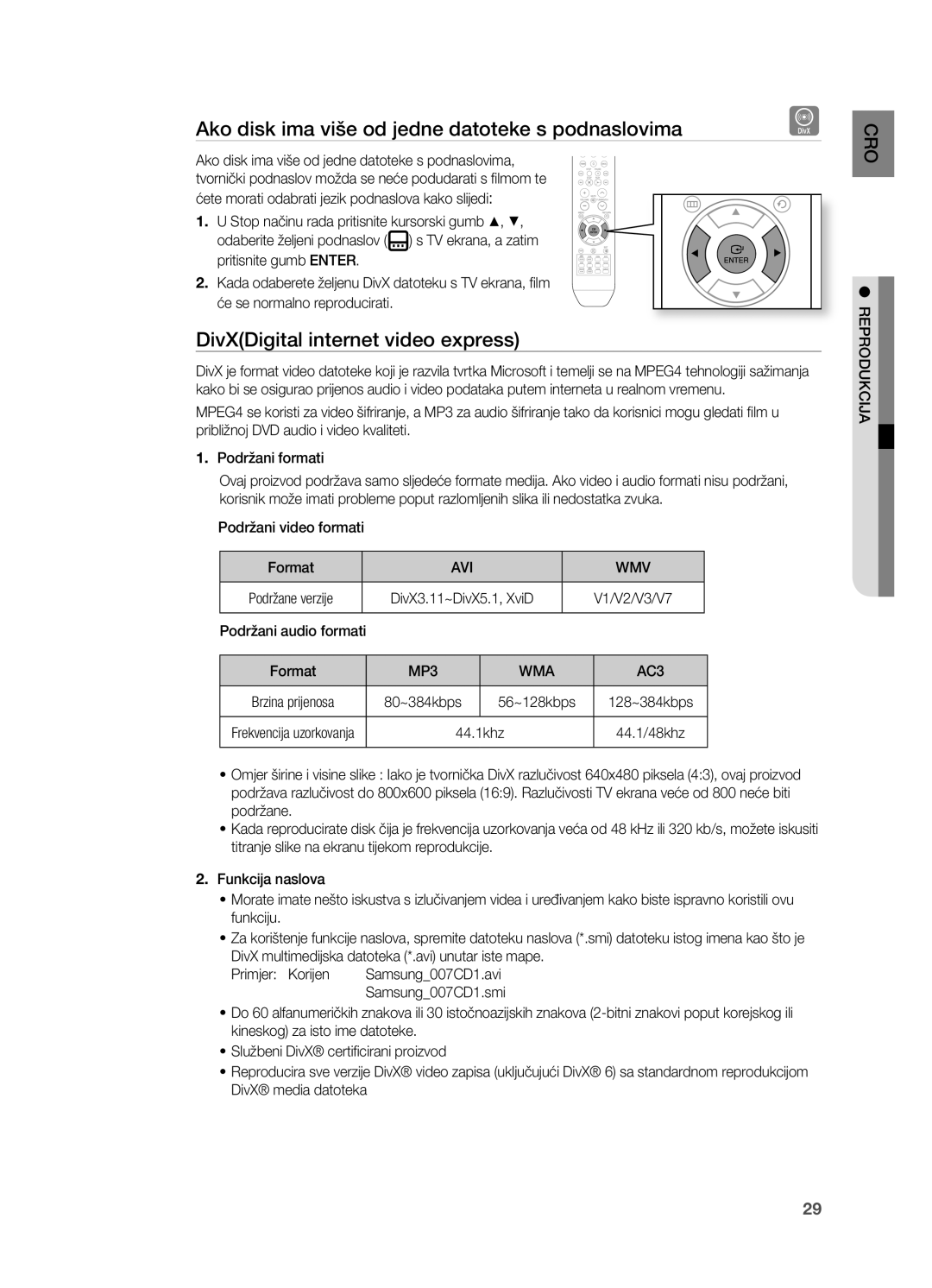 Samsung HT-X710T/EDC manual Ako disk ima više od jedne datoteke s podnaslovima, DivXDigital internet video express, Wmv 