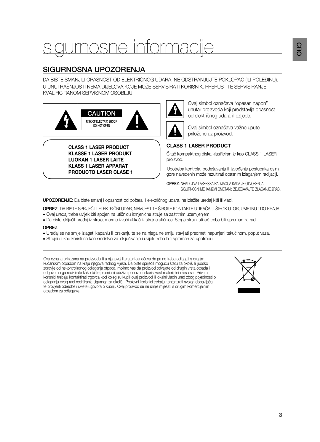 Samsung HT-X710T/EDC manual Sigurnosne informacije, Sigurnosna upozorenja, Od električnog udara ili ozljede 