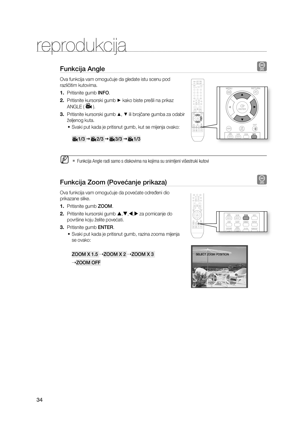 Samsung HT-X710T/EDC manual Funkcija angle, Funkcija zoom povećanje prikaza 