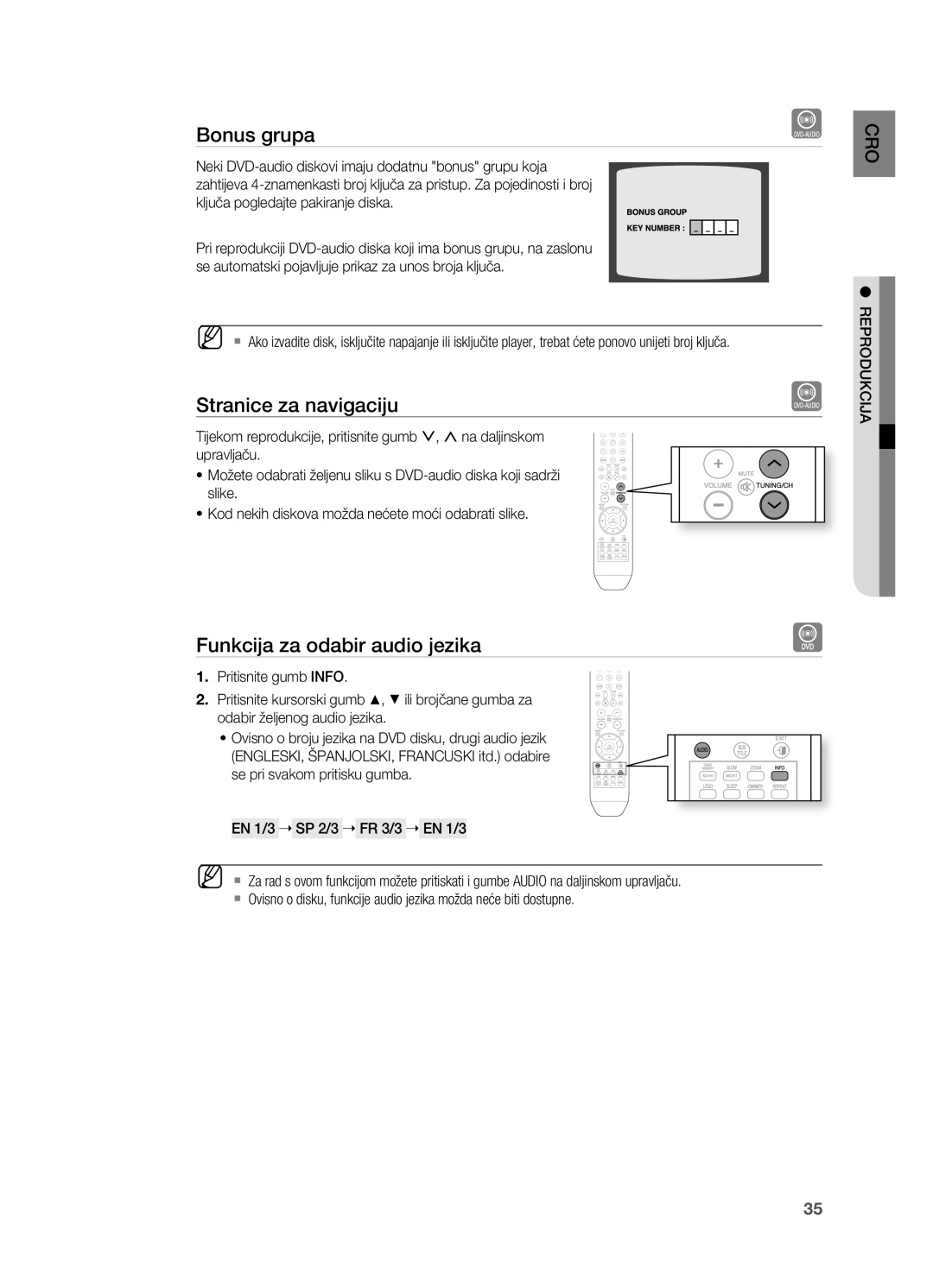 Samsung HT-X710T/EDC manual Bonus grupa, Stranice za navigaciju, Funkcija za odabir audio jezika 