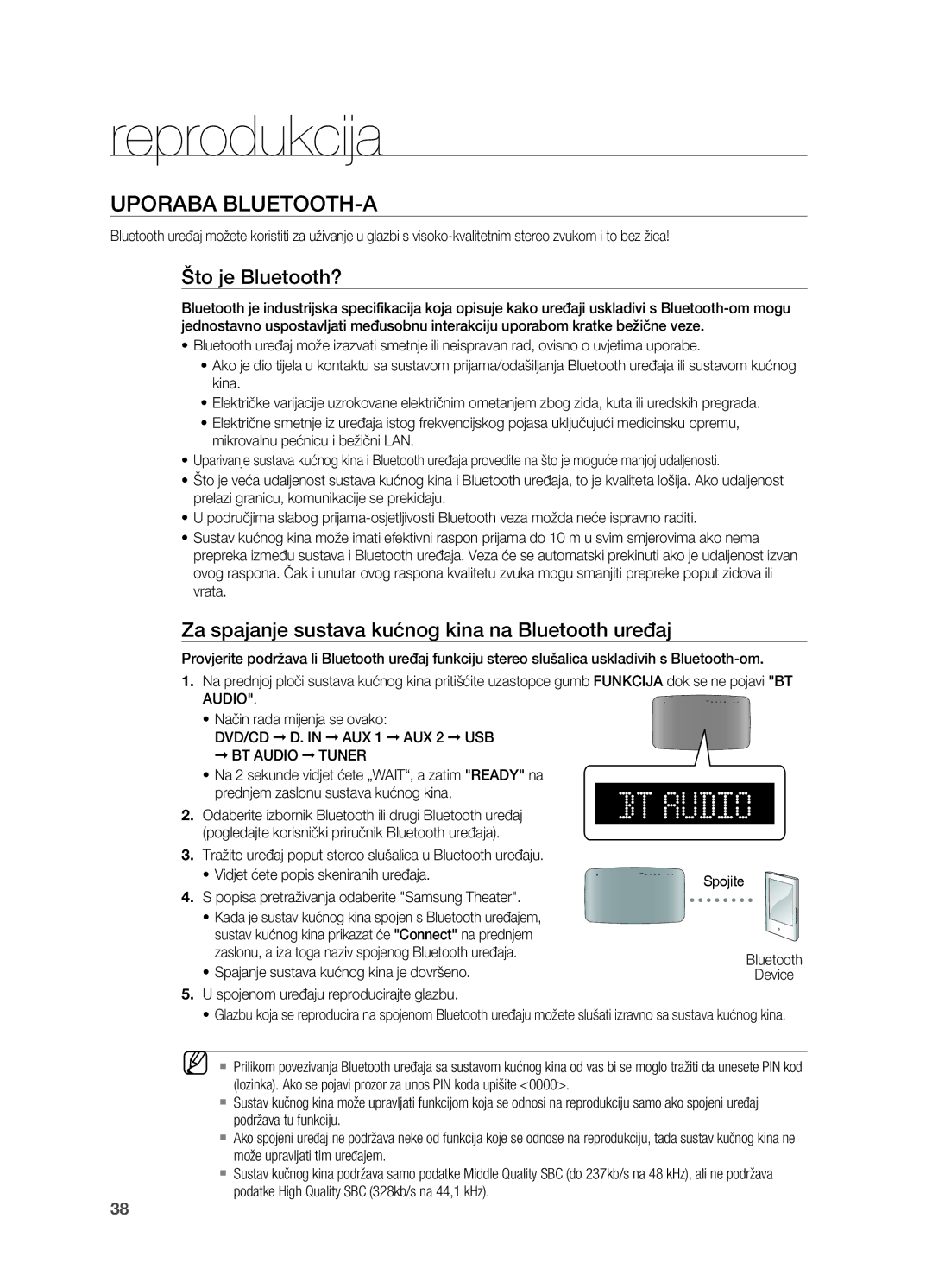 Samsung HT-X710T/EDC manual Što je Bluetooth?, Za spajanje sustava kućnog kina na Bluetooth uređaj, Audio 