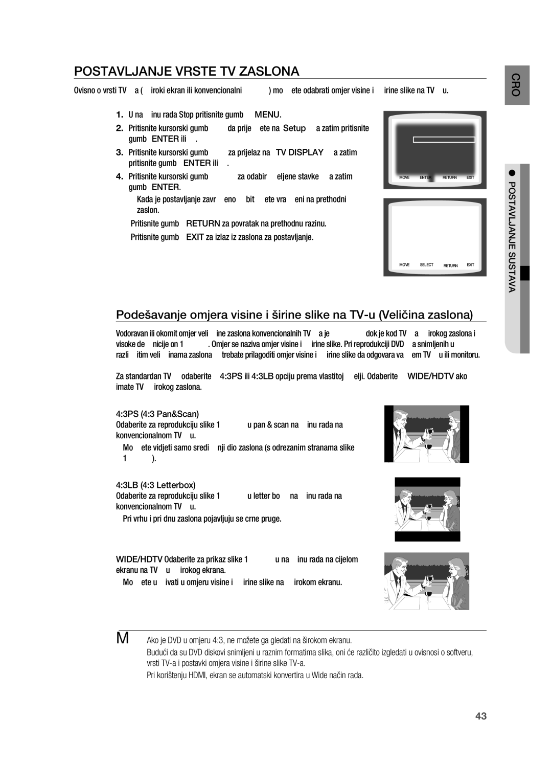 Samsung HT-X710T/EDC manual Postavljanje vrste TV zaslona, Postavljanje sustava 