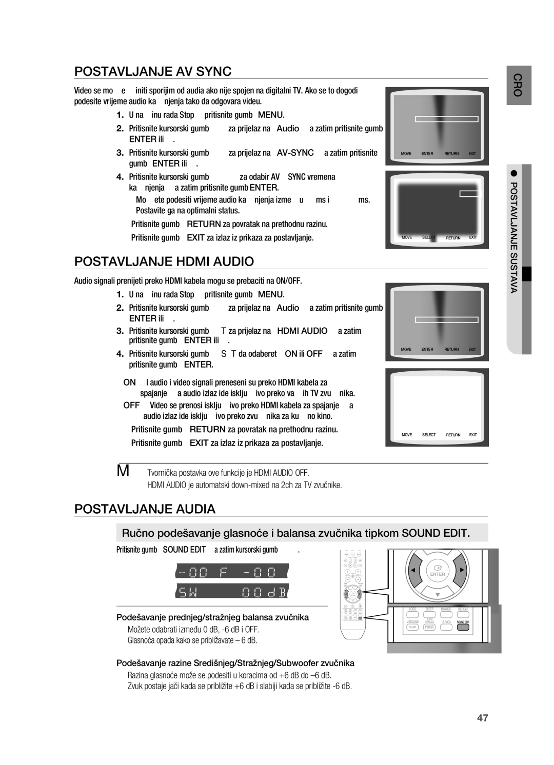 Samsung HT-X710T/EDC manual PoSTaVljanje aV SYnC, PoSTaVljanje HDMi aUDio, PoSTaVljanje aUDia 