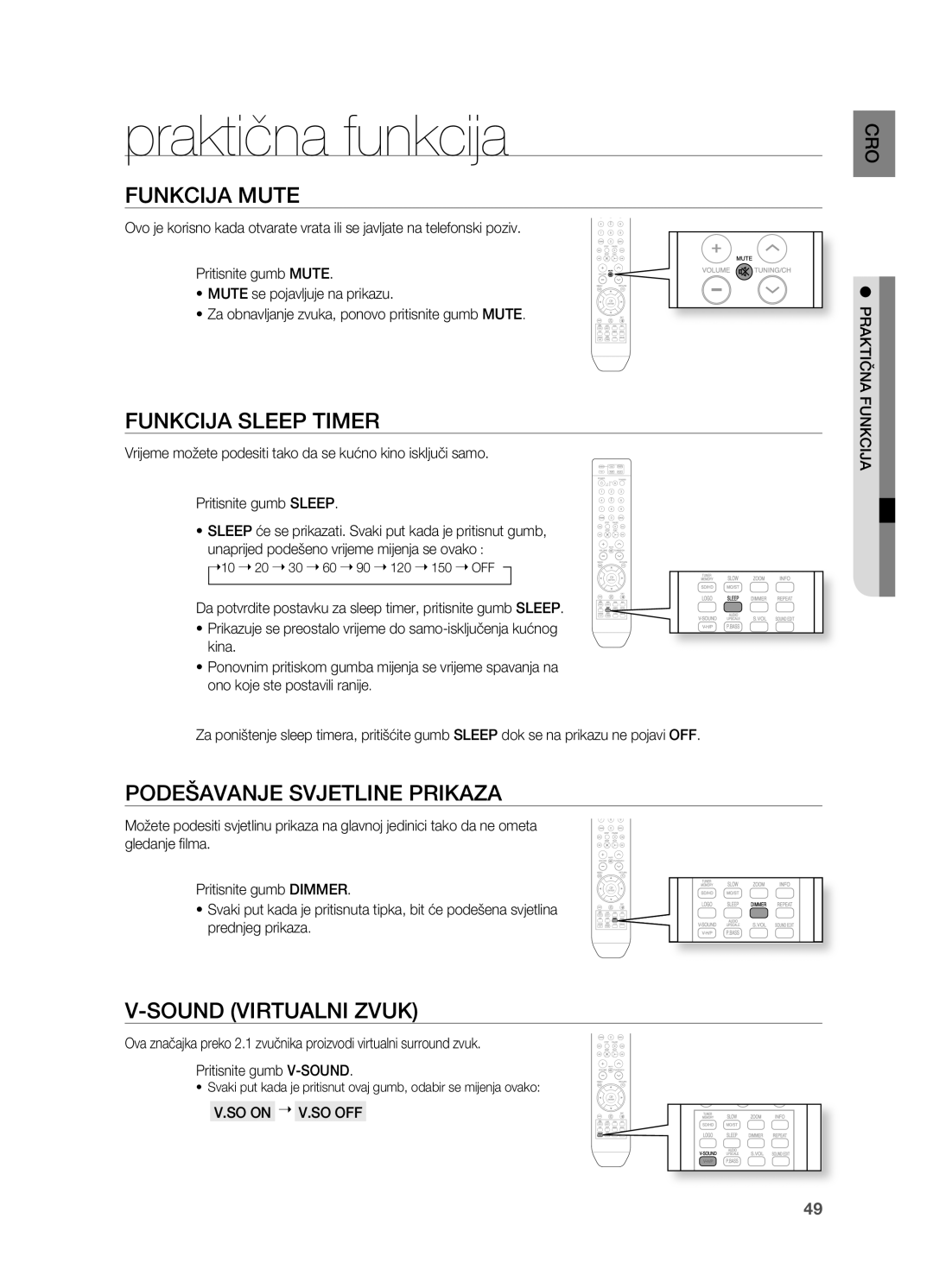 Samsung HT-X710T/EDC manual Praktična funkcija, FUnkCija MUTe, FUnkCija Sleep TiMeR, PoDeŠaVanje SVjeTline pRikaza 