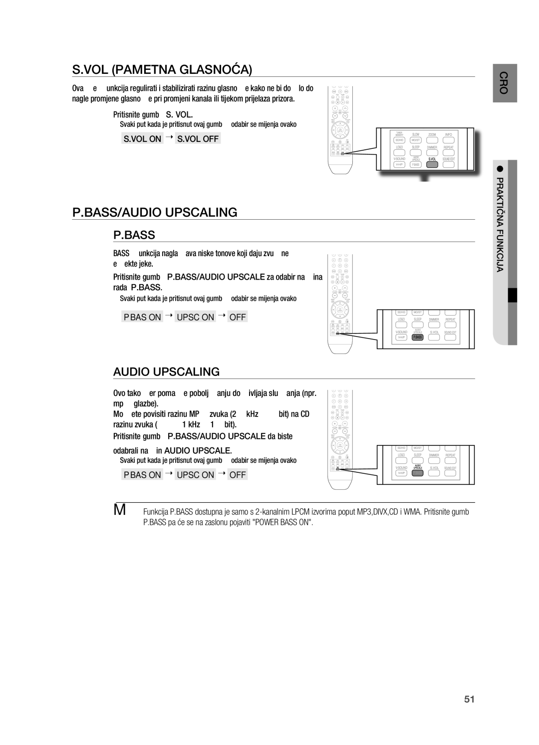 Samsung HT-X710T/EDC manual Vol paMeTna glaSnoća, BaSS/aUDio UpSCaling, AUDio UpSCaling, Pbas on  Upsc on  OFF 