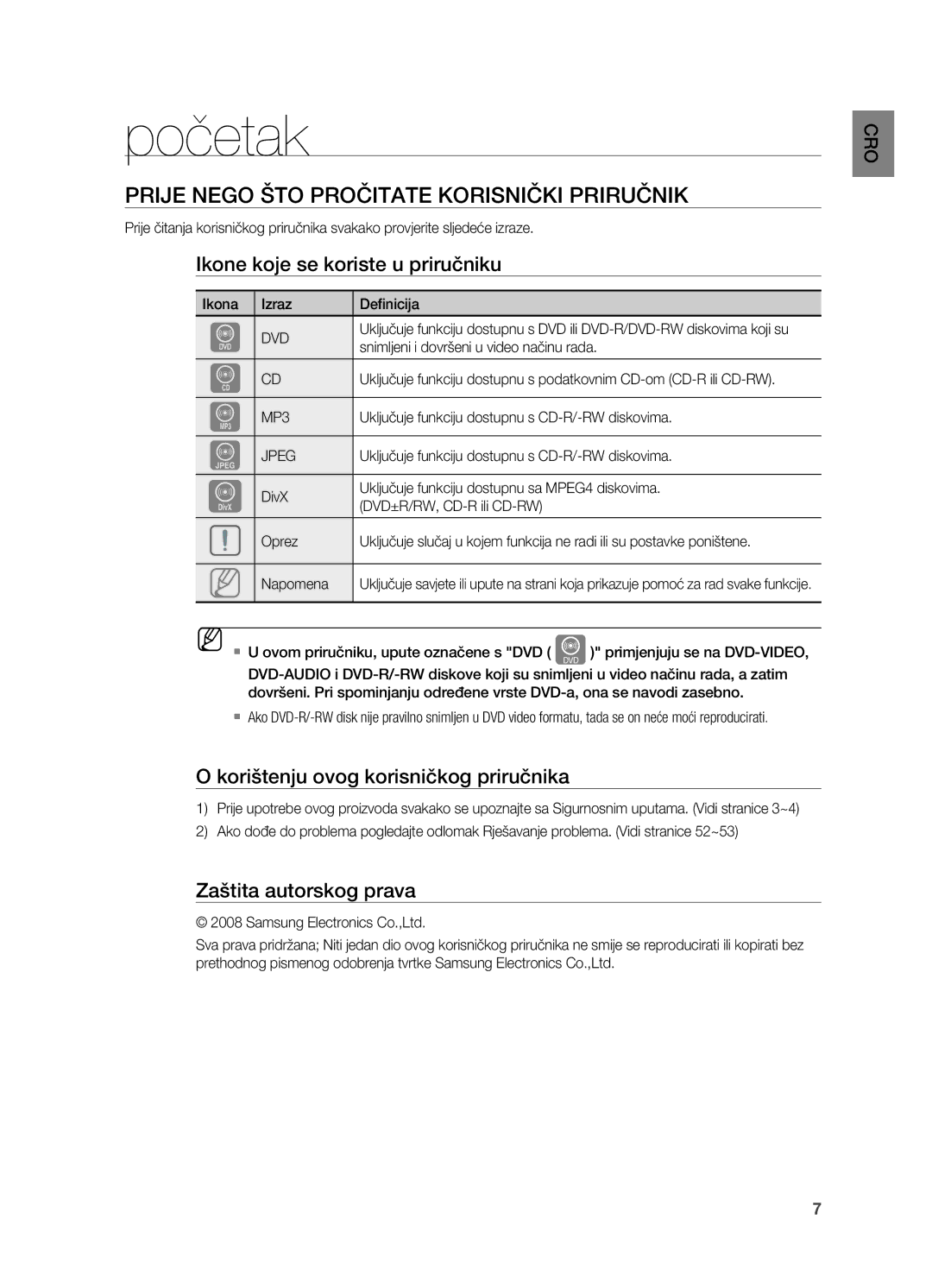 Samsung HT-X710T/EDC manual Početak, Prije nego što pročitate korisnički priručnik, Ikone koje se koriste u priručniku 