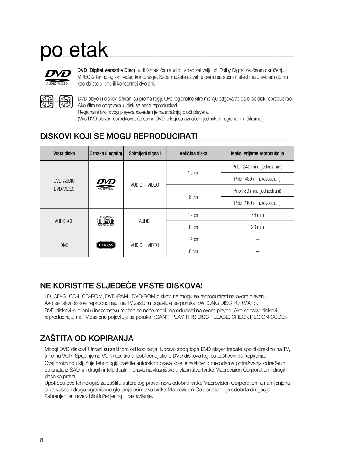 Samsung HT-X710T/EDC manual Diskovi koji se mogu reproducirati, Ne koristite sljedeće vrste diskova, Zaštita od kopiranja 