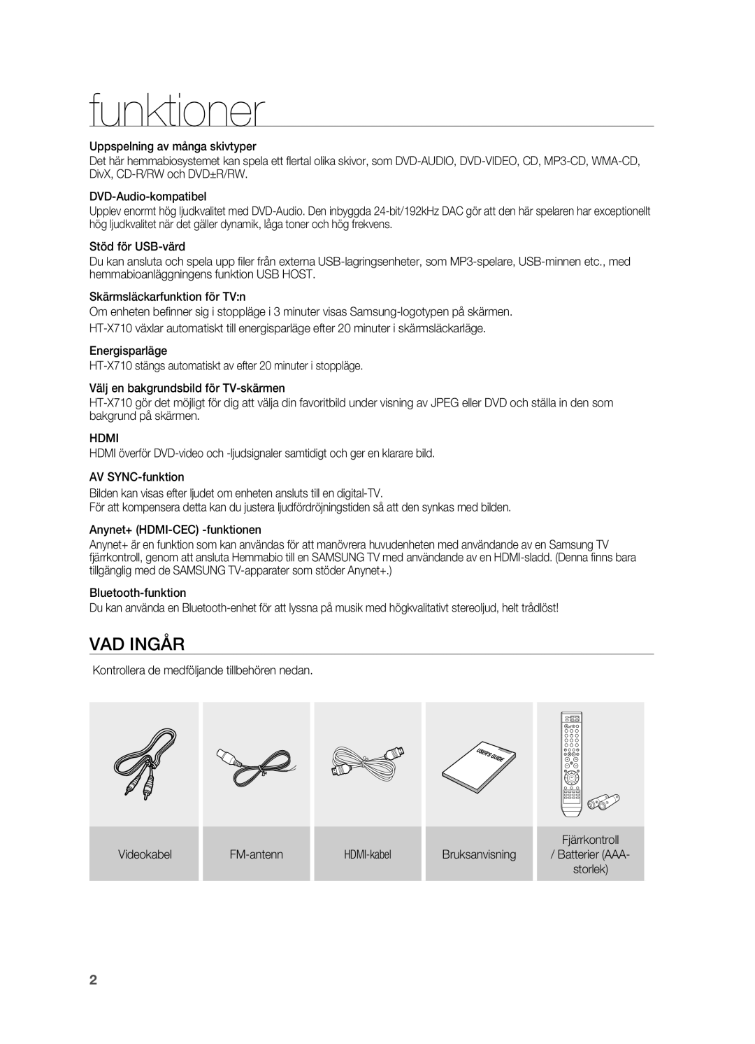 Samsung HT-X710T/XEE manual Funktioner, VAD Ingår, Hdmi 