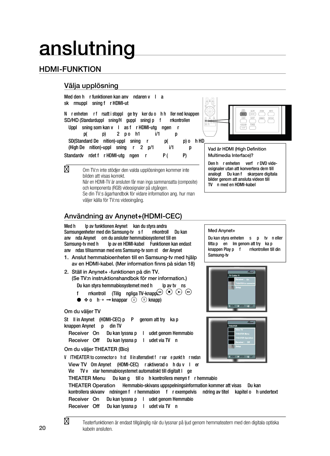 Samsung HT-X710T/XEE manual Hdmi-Funktion, Välja upplösning, Användning av Anynet+HDMI-CEC, Kabeln ansluten 