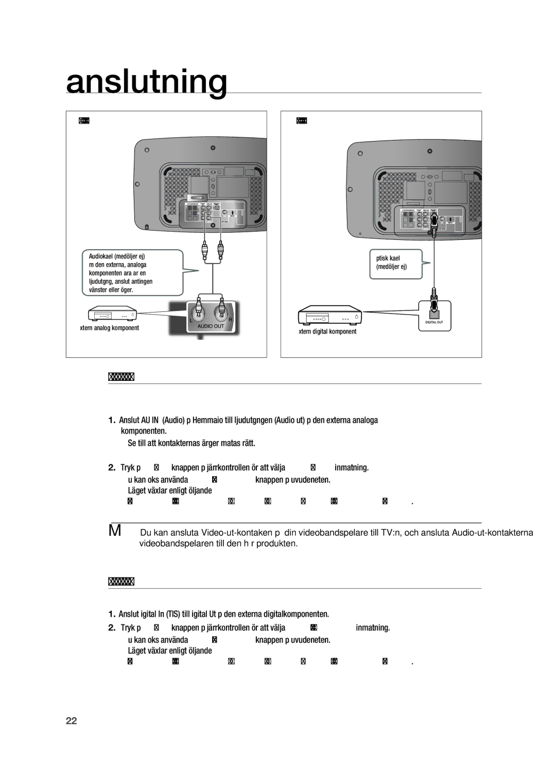 Samsung HT-X710T/XEE manual AUX2 Anslutning av en extern analog komponent, Optical Ansluta en extern digital enhet 