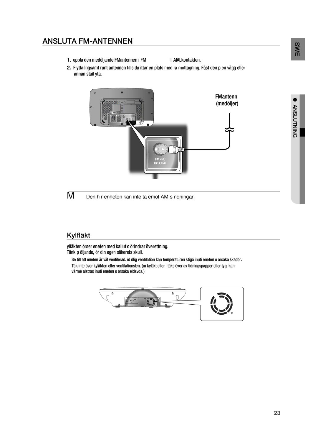 Samsung HT-X710T/XEE manual Ansluta FM-ANTENNEN, Kylﬂ äkt, Anslutning, ` Den här enheten kan inte ta emot AM-sändningar 