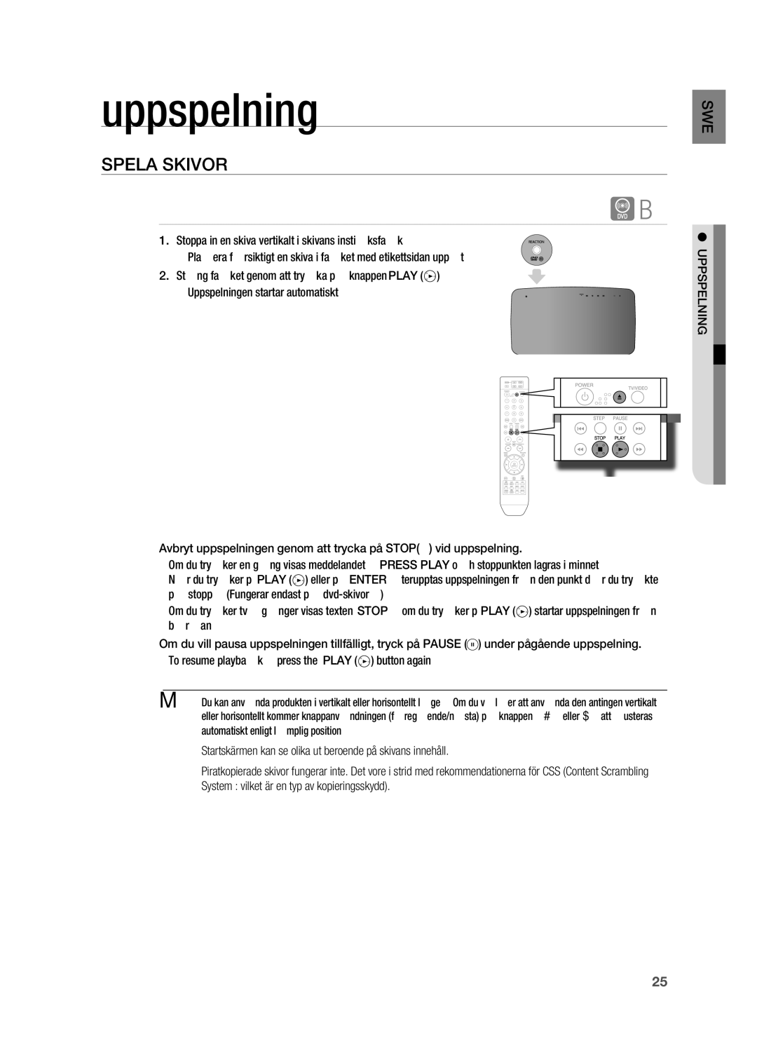 Samsung HT-X710T/XEE manual Uppspelning, Spela Skivor 