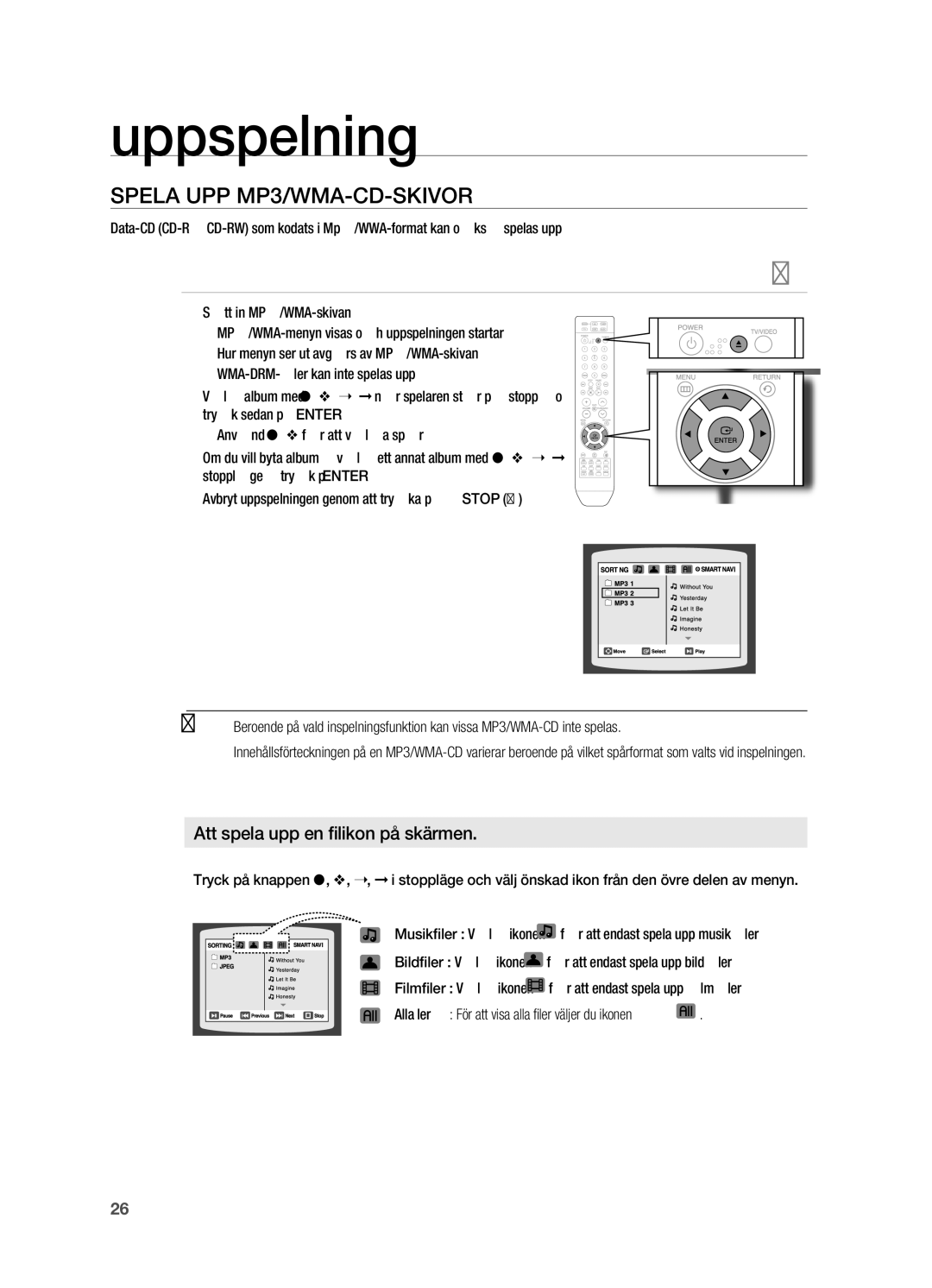 Samsung HT-X710T/XEE manual Spela UPP MP3/WMA-CD-SKIVOR, Att spela upp en filikon på skärmen 