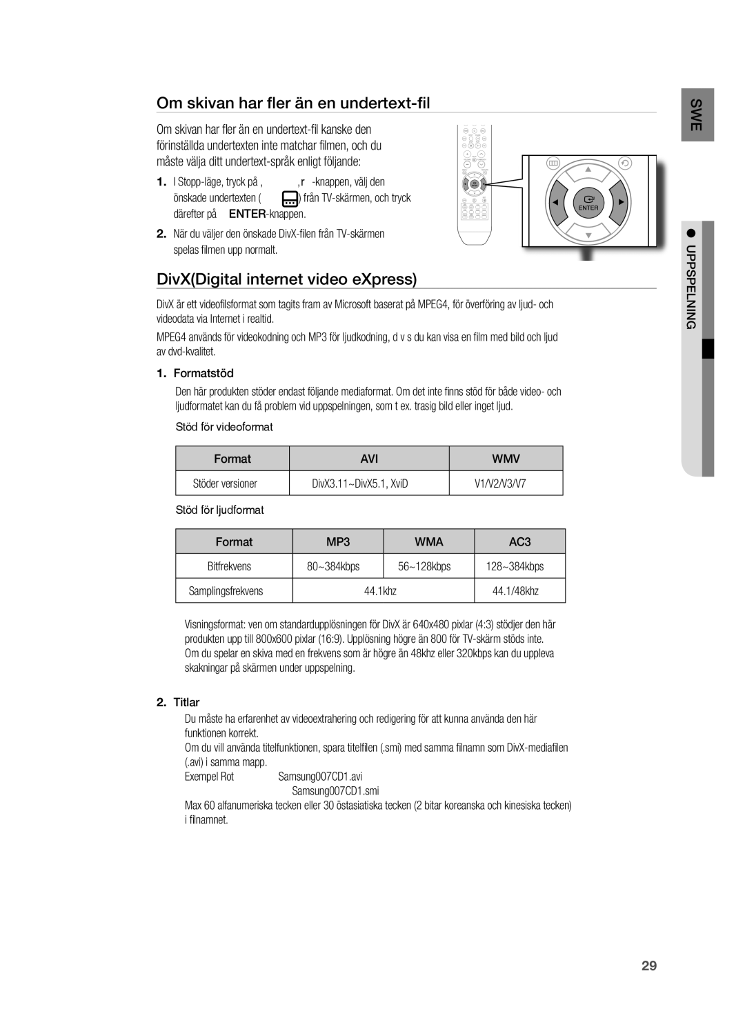 Samsung HT-X710T/XEE manual Om skivan har ﬂ er än en undertext-fi l, DivXDigital internet video eXpress, Avi Wmv, MP3 WMA 