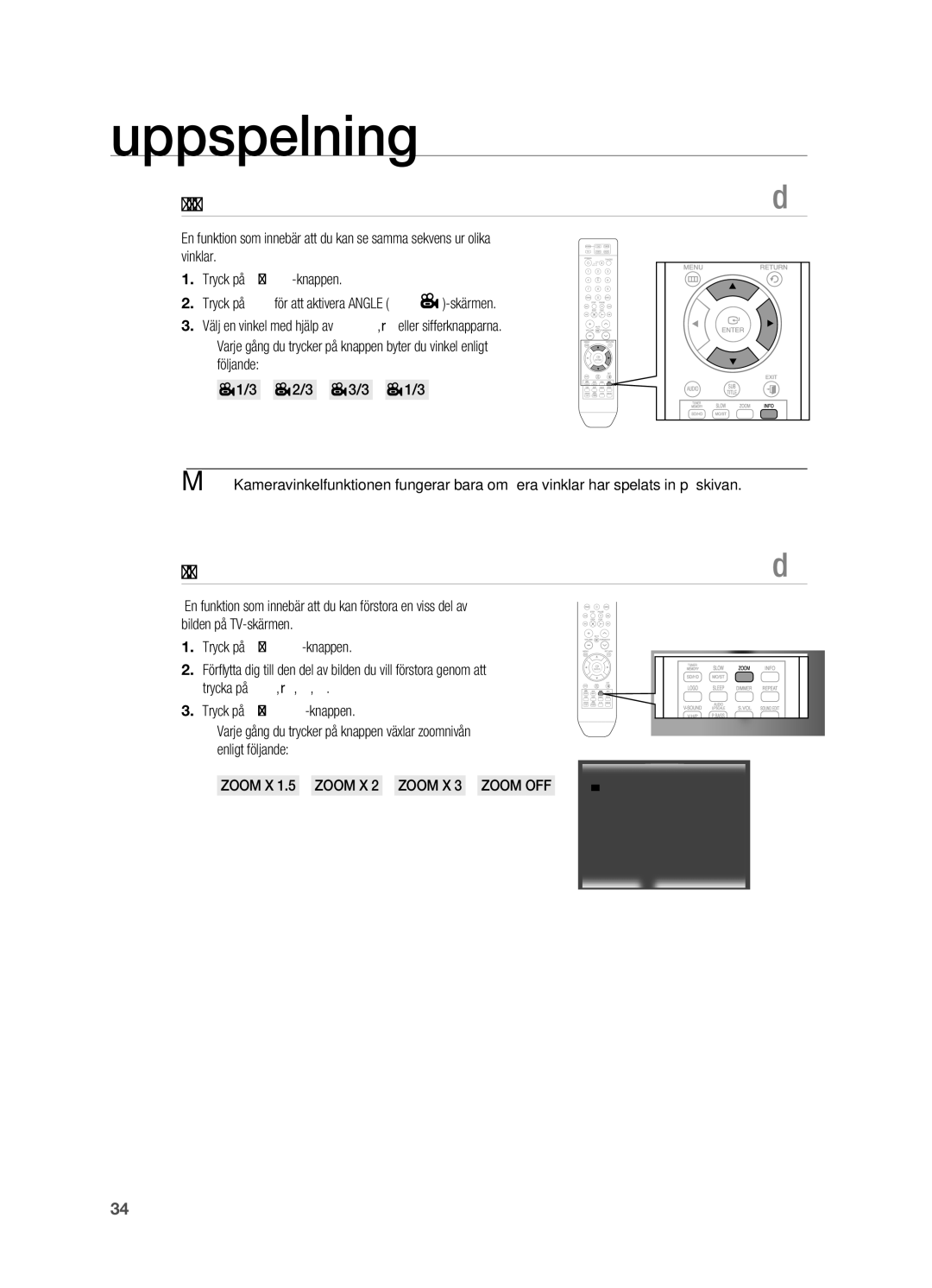 Samsung HT-X710T/XEE manual Val av bildvinkel, Zoomfunktion bildförstoring, Zoom X 