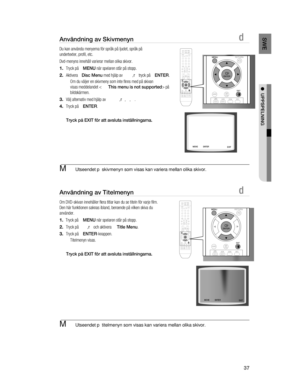 Samsung HT-X710T/XEE manual Användning av Skivmenyn, Användning av Titelmenyn 