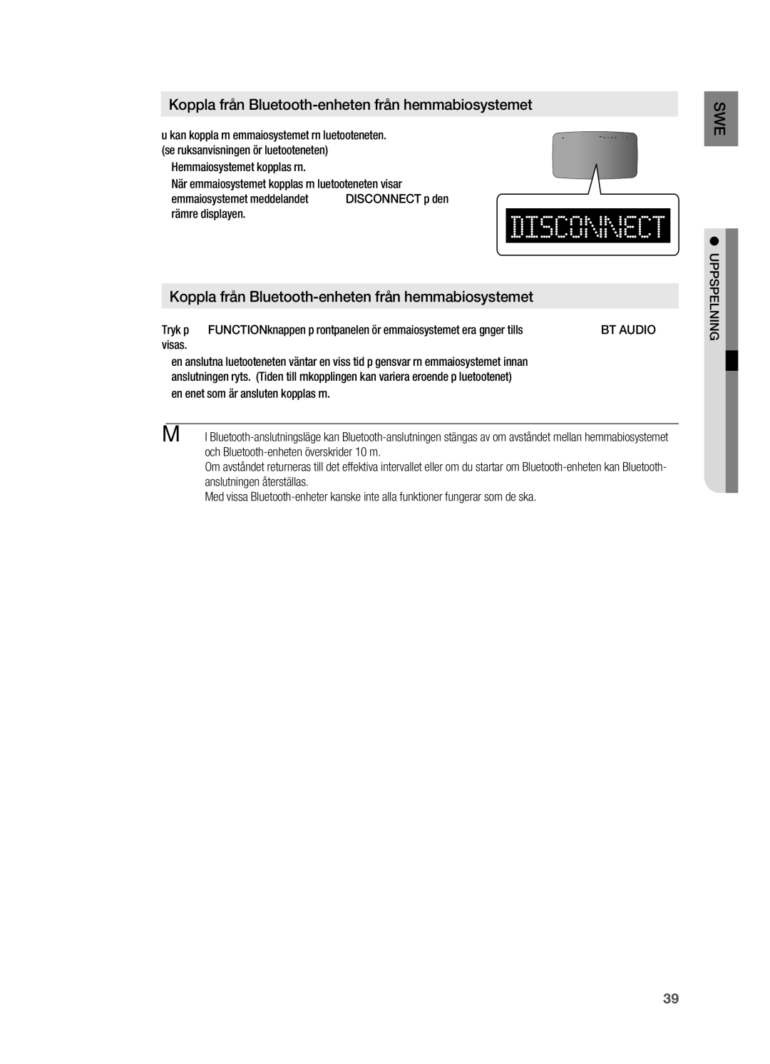 Samsung HT-X710T/XEE manual ~ Hemmabiosystemet kopplas från, Främre displayen, Uppspelning 