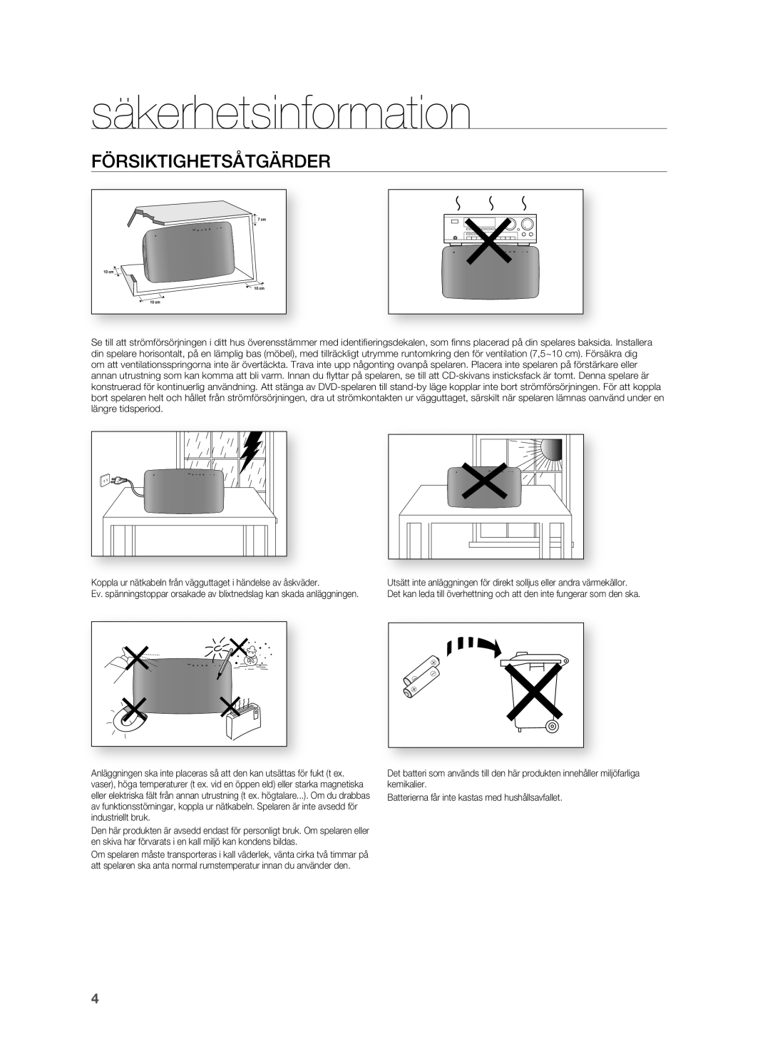 Samsung HT-X710T/XEE manual FÖRSIKTIGHETSÅTGäRDER 