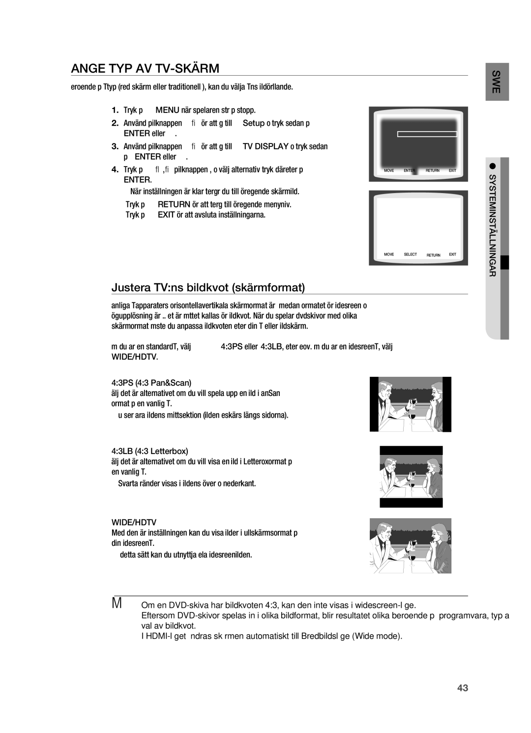 Samsung HT-X710T/XEE manual Ange typ av TV-skärm, Justera TVns bildkvot skärmformat, Enter, Wide/Hdtv, Systeminställningar 