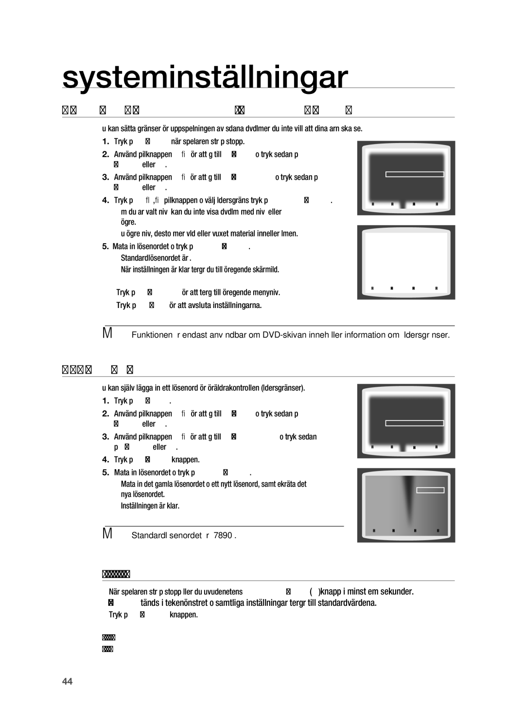 Samsung HT-X710T/XEE manual Ange föräldrakontroll åldersgränser, Ställa in lösenord 