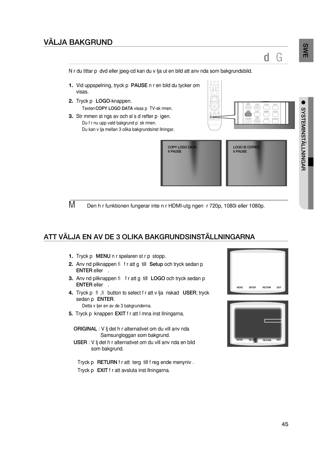 Samsung HT-X710T/XEE manual VäLjA Bakgrund, ATT VäLjA EN AV DE 3 Olika BAKGRUNDSINSTäLLNINGARNA 