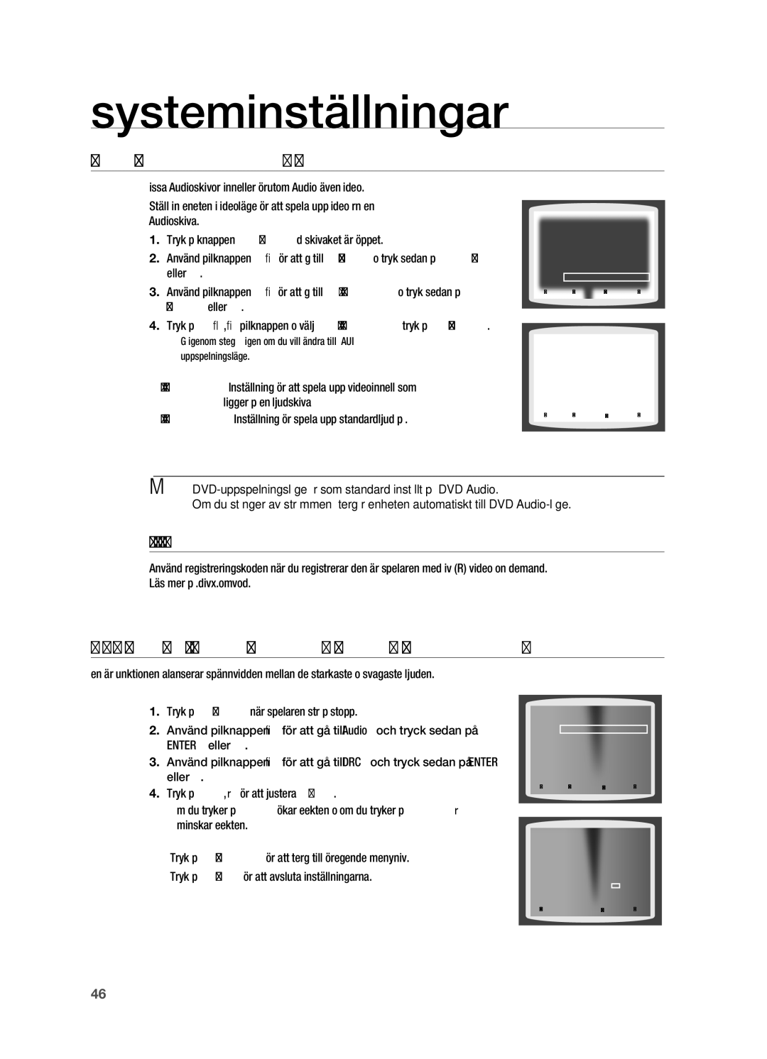 Samsung HT-X710T/XEE manual DVD-uppspelningsläge, Ställa in DRC Dynamic Range Compression, Registrering av DivX R 