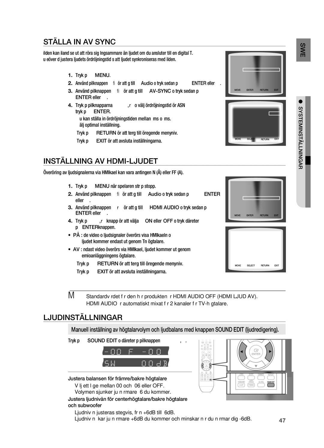 Samsung HT-X710T/XEE manual STäLLA in AV Sync, INSTäLLNING AV HDMI-LjUDET, LjUDINSTäLLNINGAR, Eller +, Enter eller + 