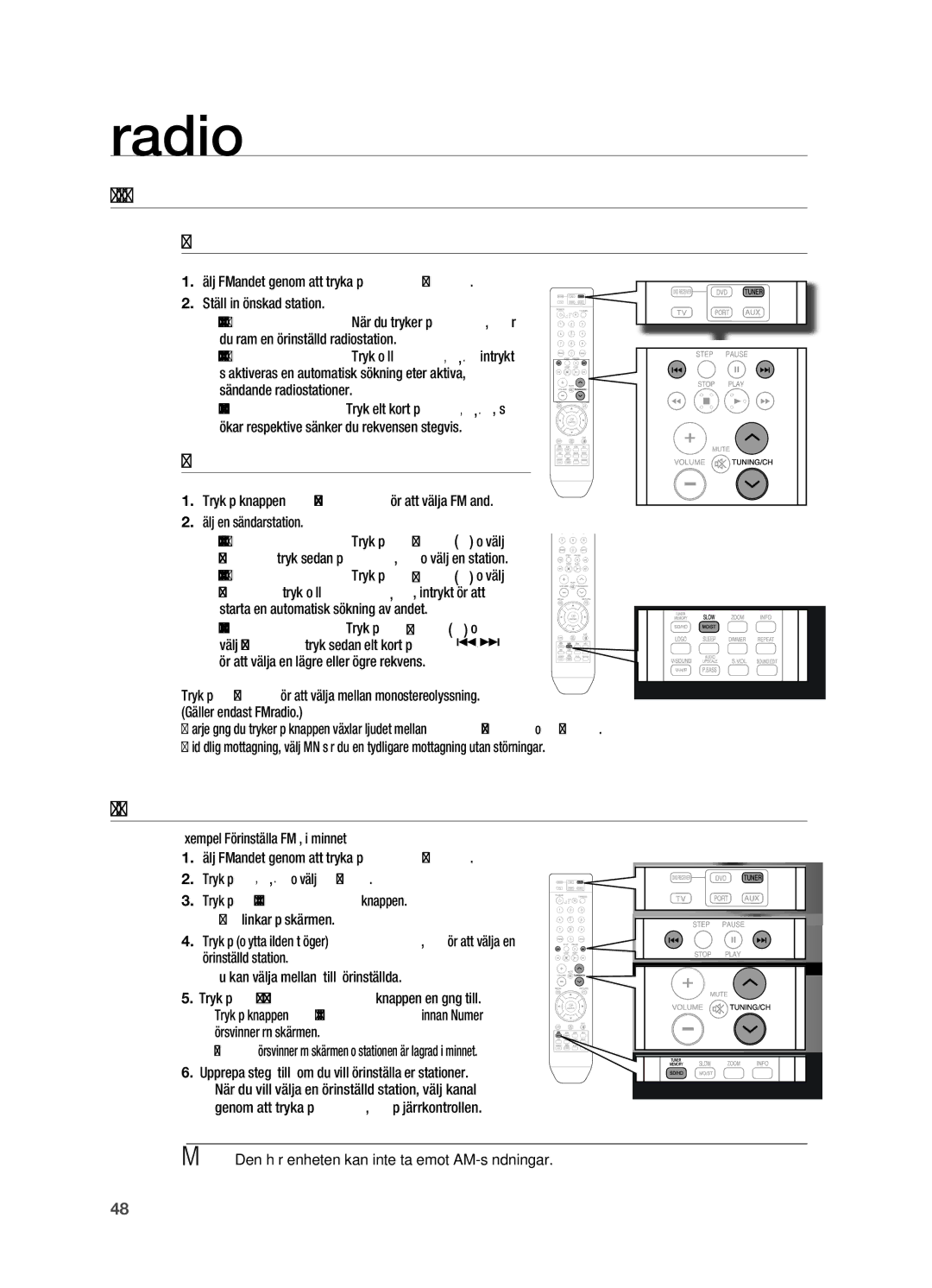 Samsung HT-X710T/XEE manual Lyssna PÅ Radio, FÖRINSTäLLA Stationer, Fjärrkontroll, Huvudenhet 