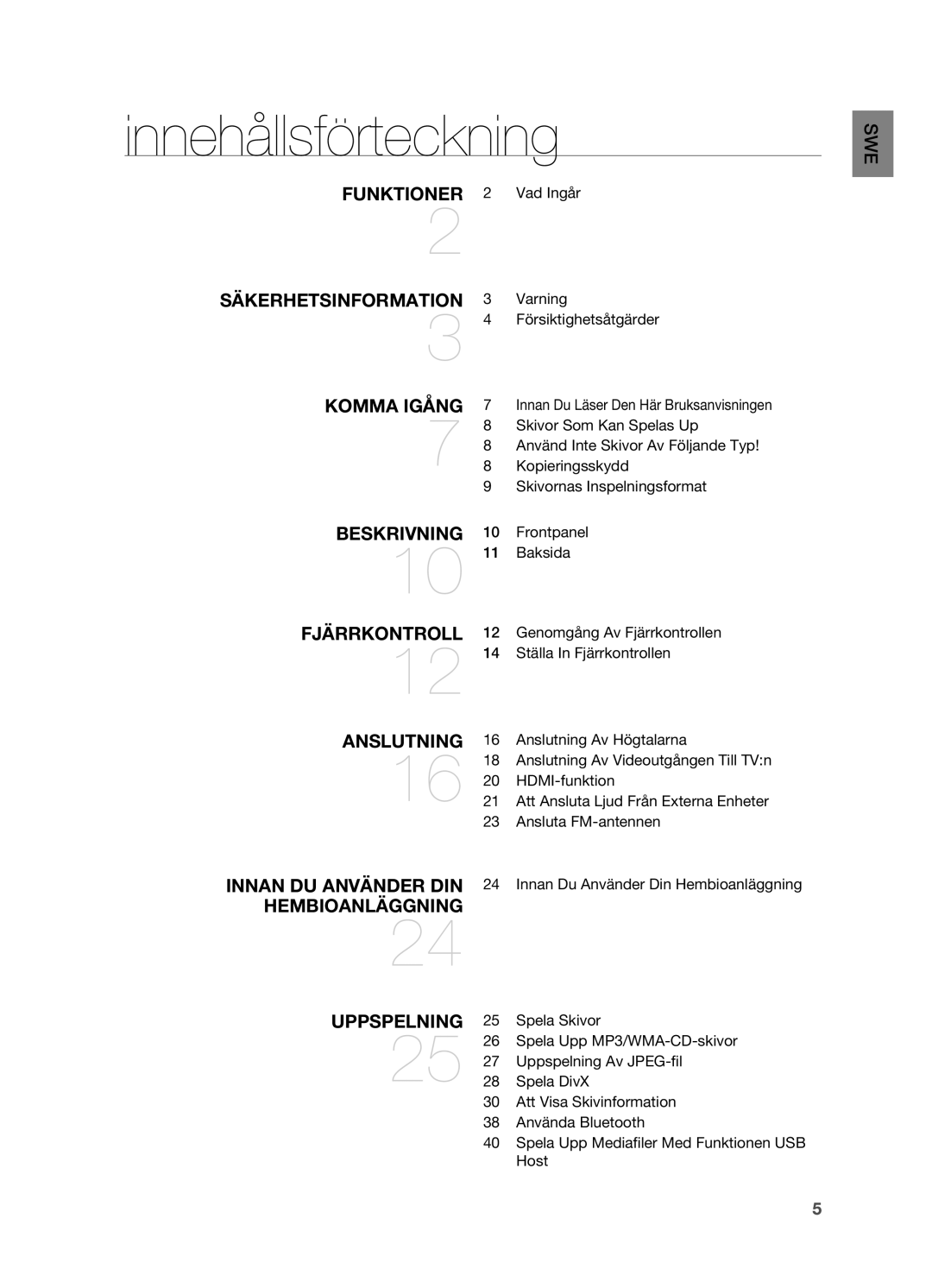 Samsung HT-X710T/XEE manual Innehållsförteckning 