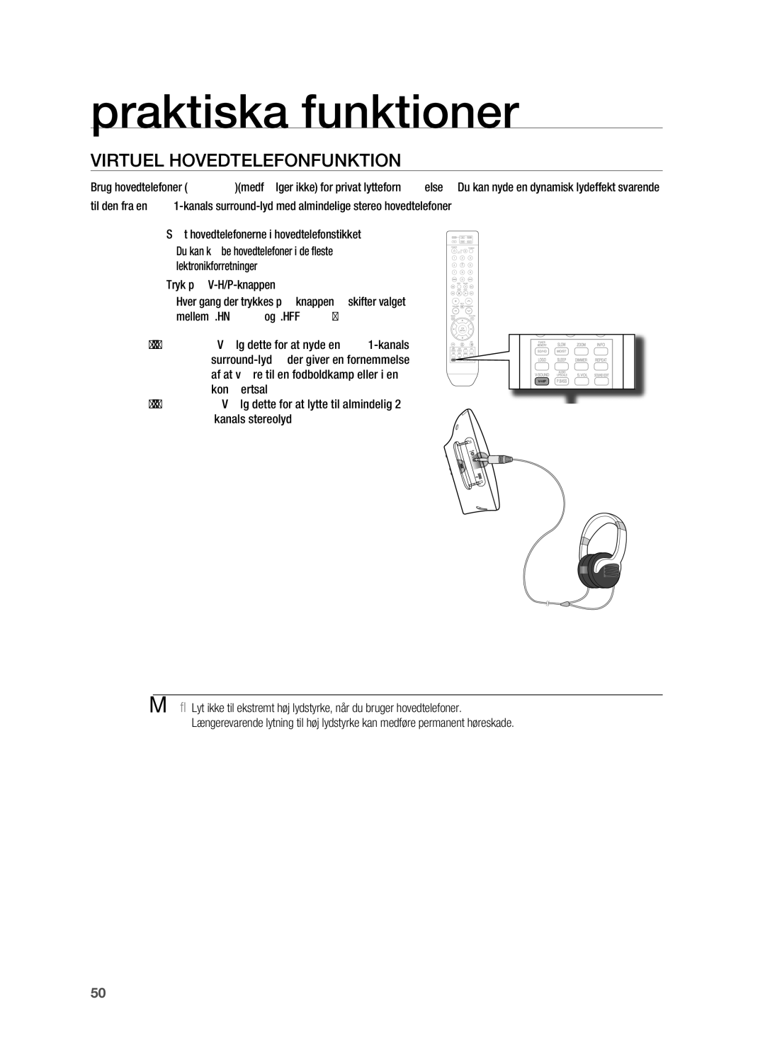 Samsung HT-X710T/XEE manual Virtuel Hovedtelefonfunktion 