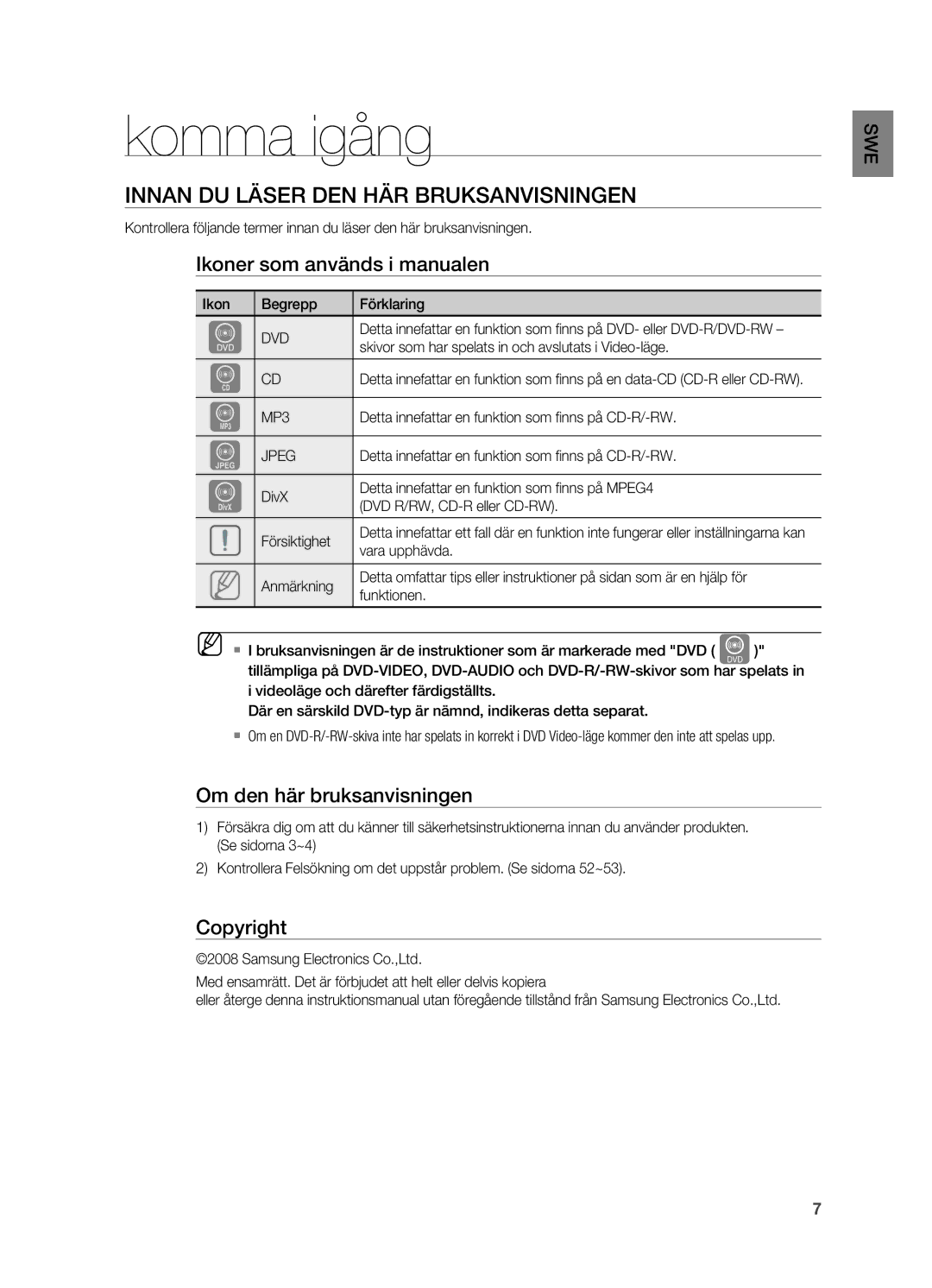 Samsung HT-X710T/XEE Komma igång, Innan du läser den här Bruksanvisningen, Ikoner som används i manualen, Copyright 