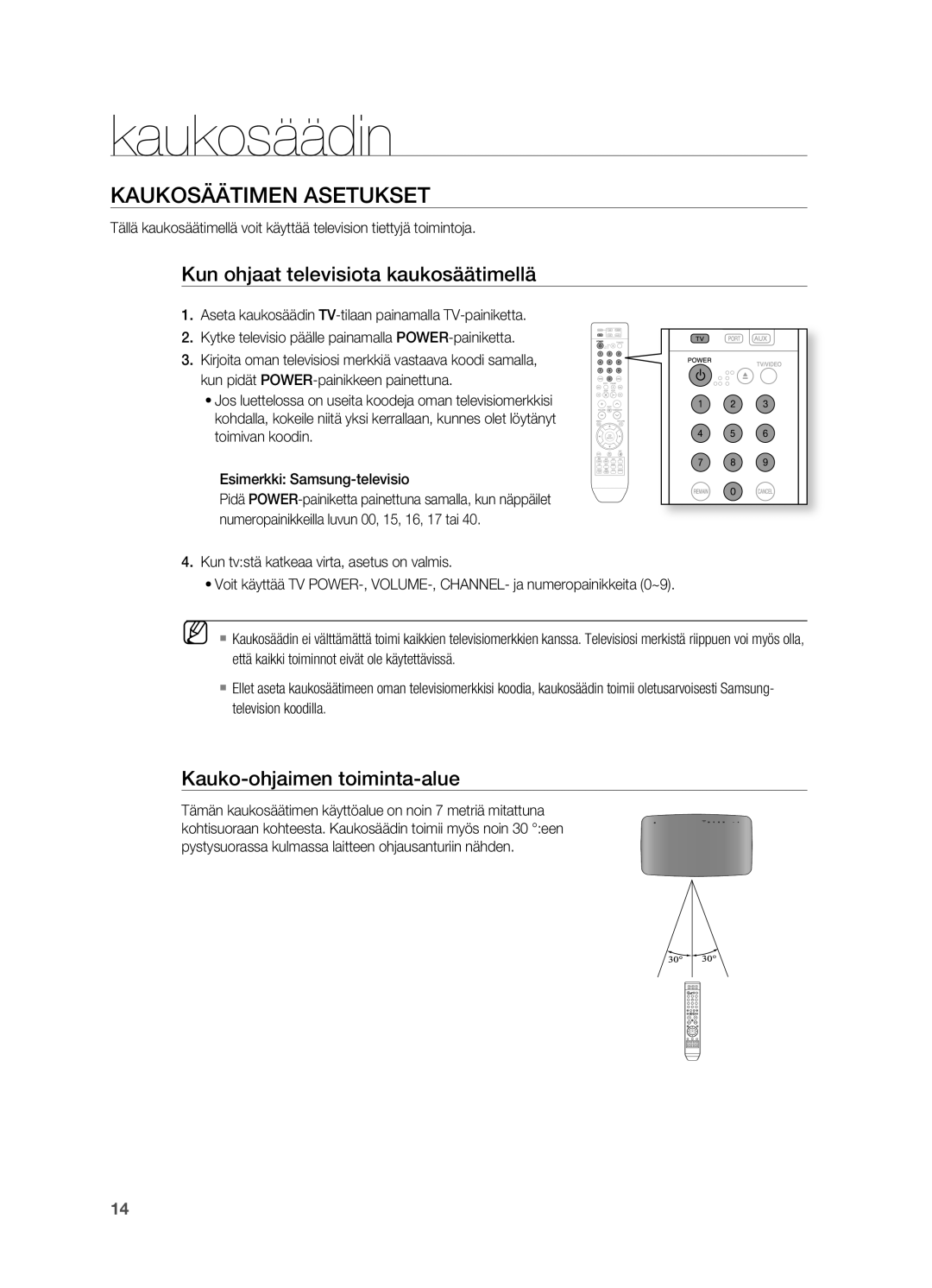 Samsung HT-X710T/XEE manual KAUKoSÄÄTIMEN Asetukset, Kun ohjaat televisiota kaukosäätimellä, Kauko-ohjaimen toiminta-alue 