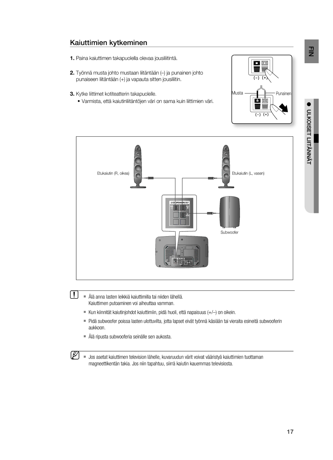 Samsung HT-X710T/XEE manual Kaiuttimien kytkeminen, Paina kaiuttimen takapuolella olevaa jousiliitintä, ULKoISET, Liitännät 